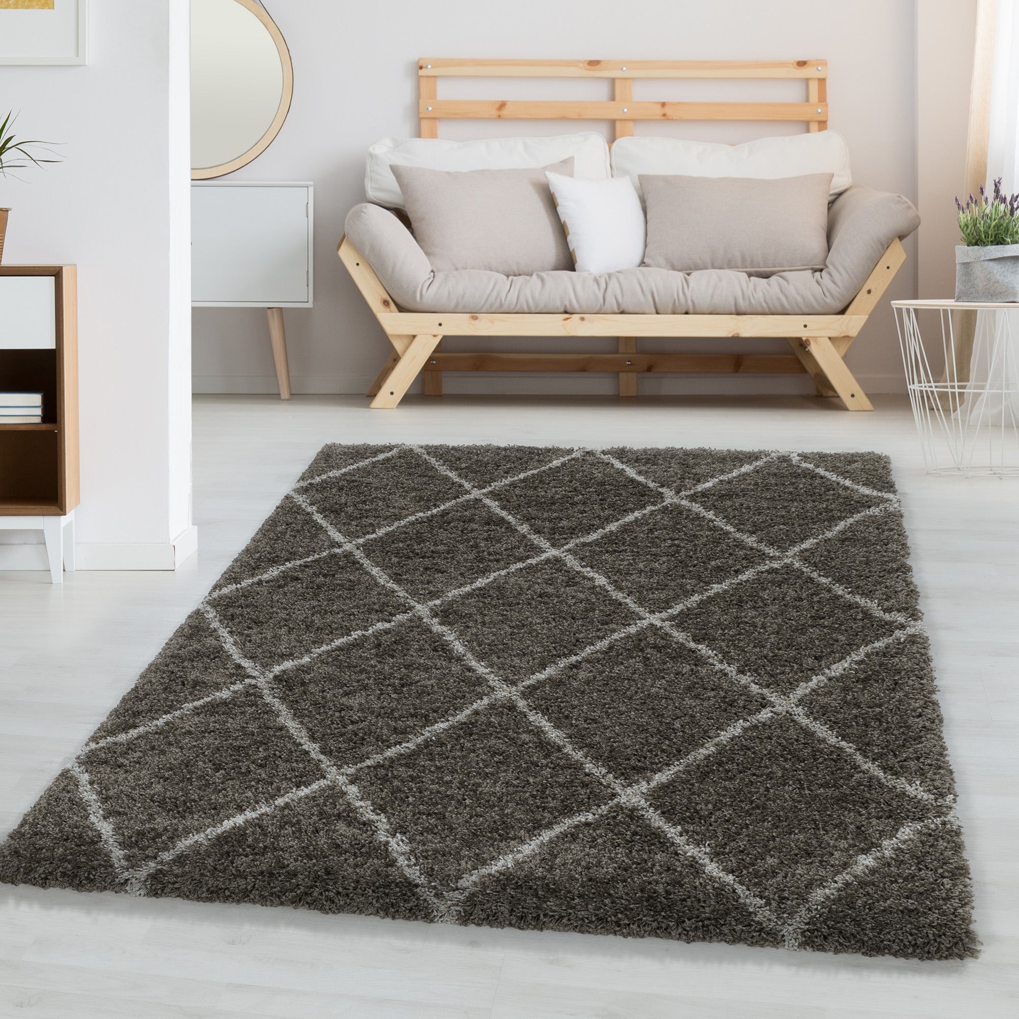 Hochflor Teppich Skandinavische Rauten Design Shaggy Teppich Wohnzimmer