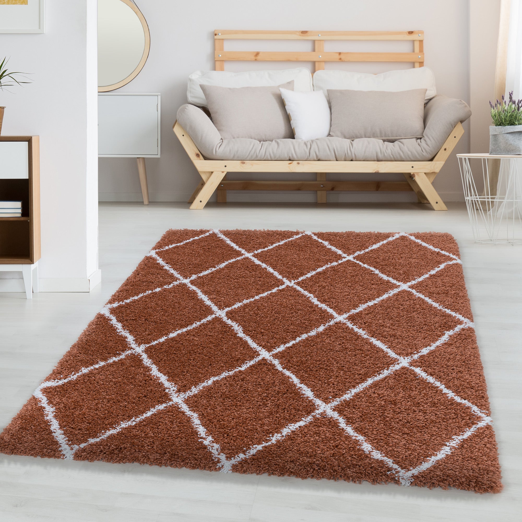 Hochflor Teppich Skandinavische Rauten Design Shaggy Teppich Wohnzimmer