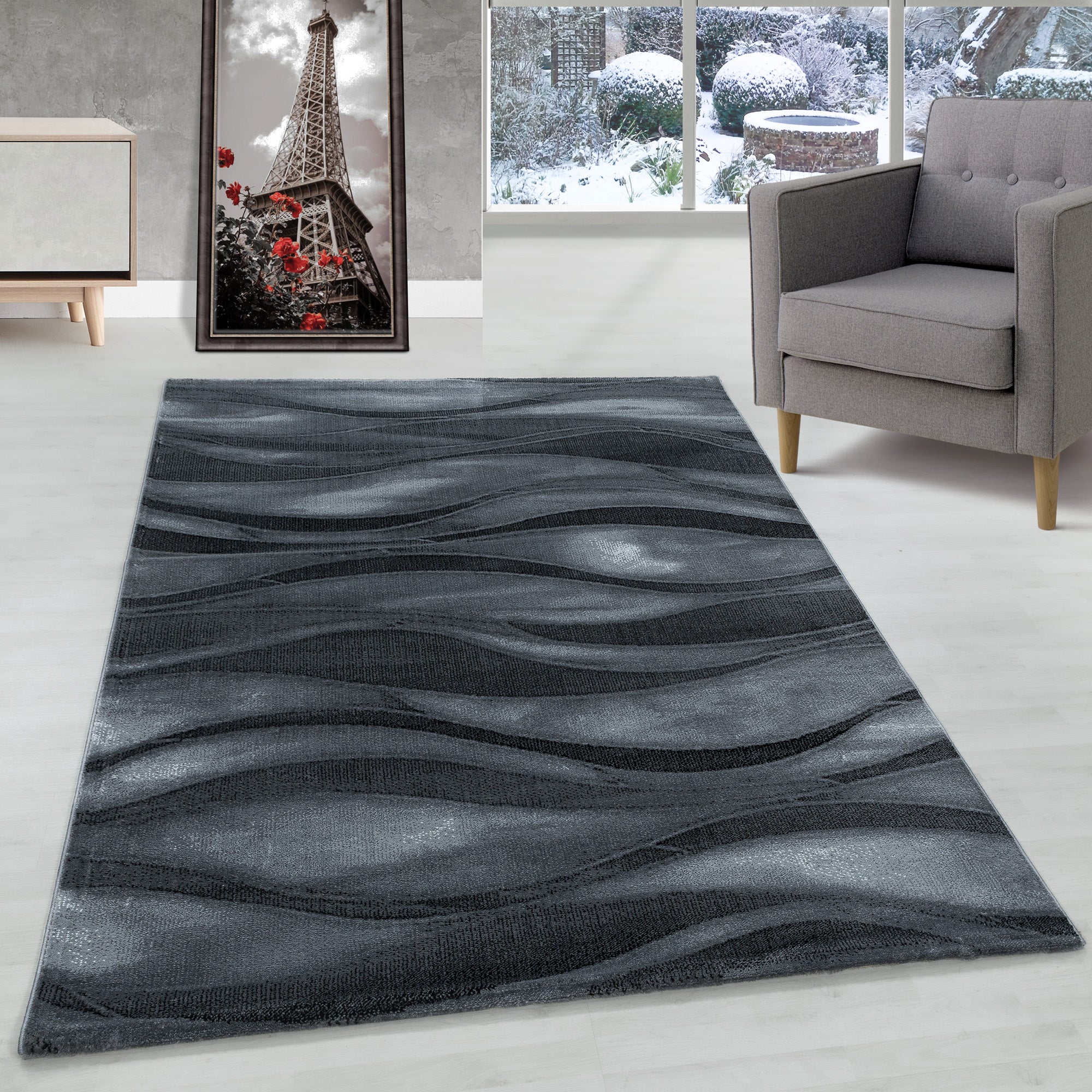 Short pile rug wave design rug black modern style rug living room