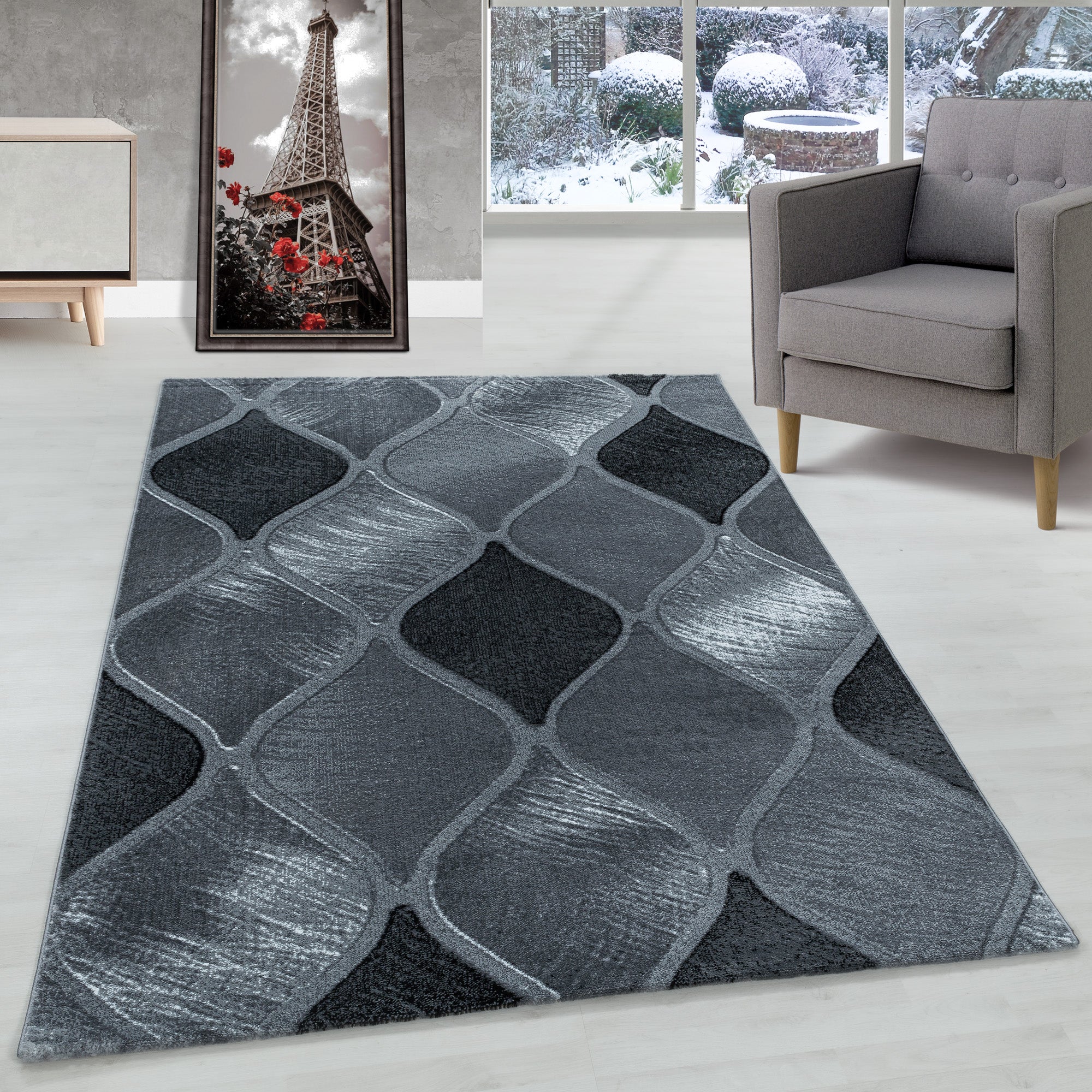 Kurzflor Teppich Geometrisch Design Teppich Schwarz Modern Teppich Wohnzimmer