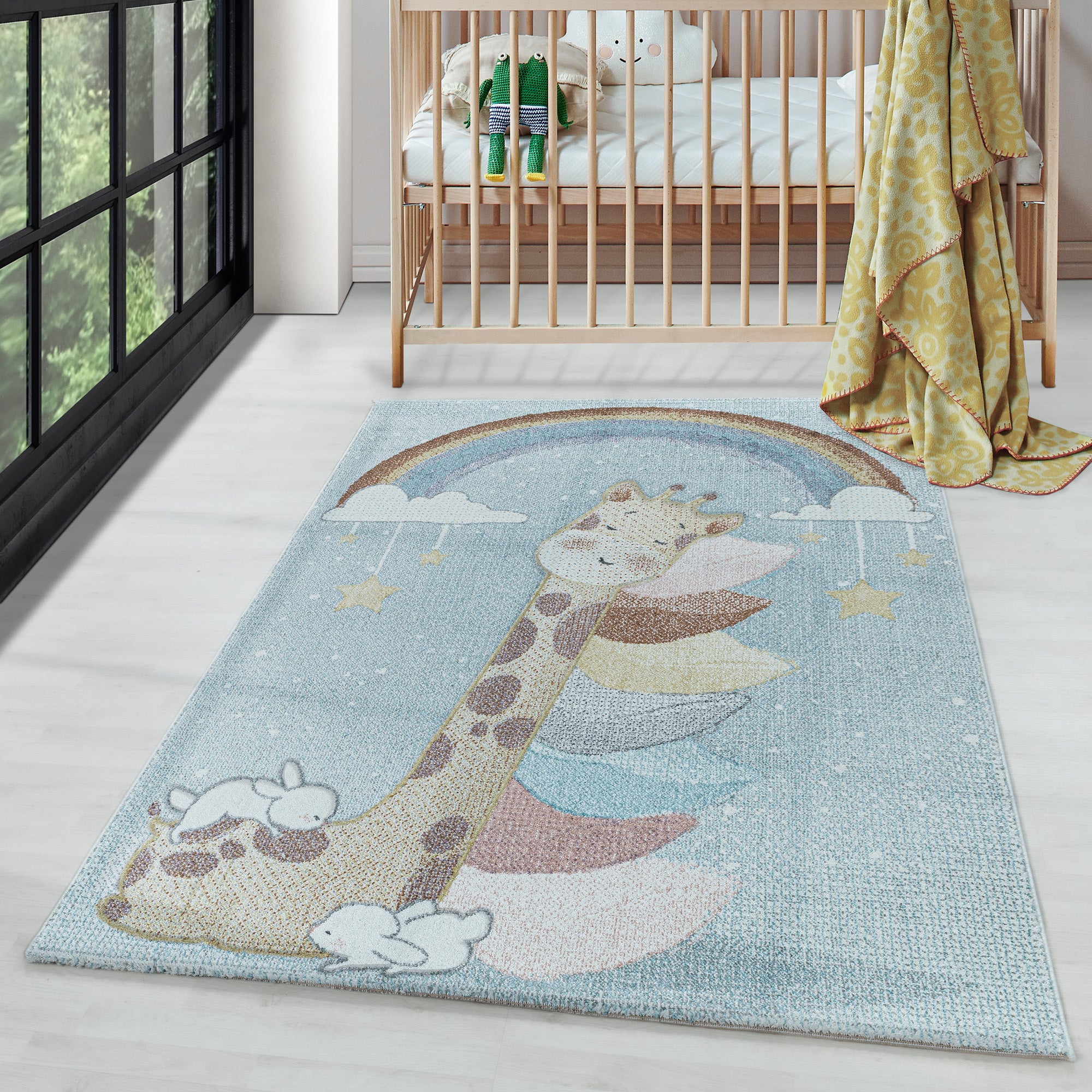 Kinderteppich Giraffe-Design Blau Pflegeleicht Teppich Kinderzimmer