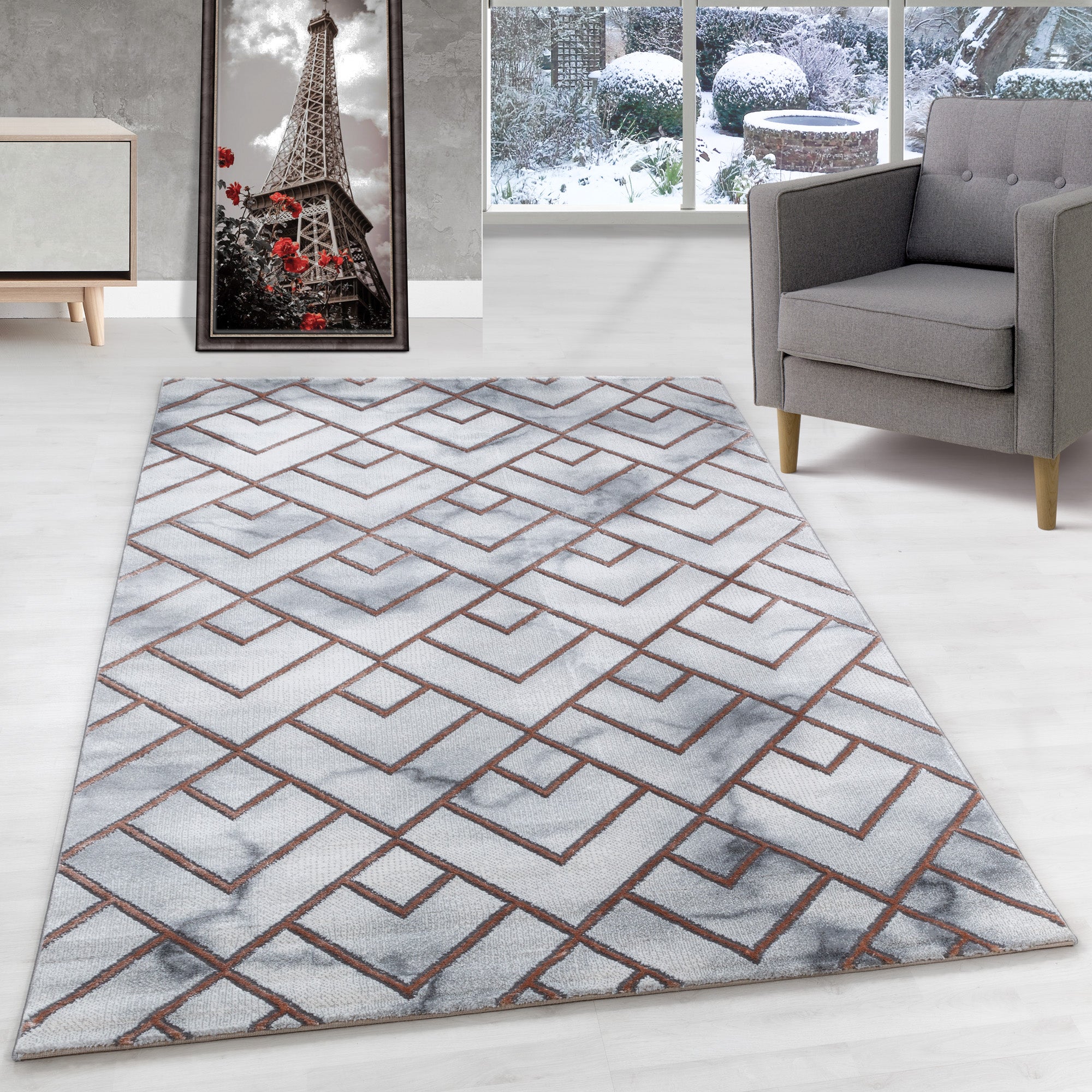 Teppich Wohnzimmer Skandinavisch Design Teppich Marmor Optik mit Glanzfasern