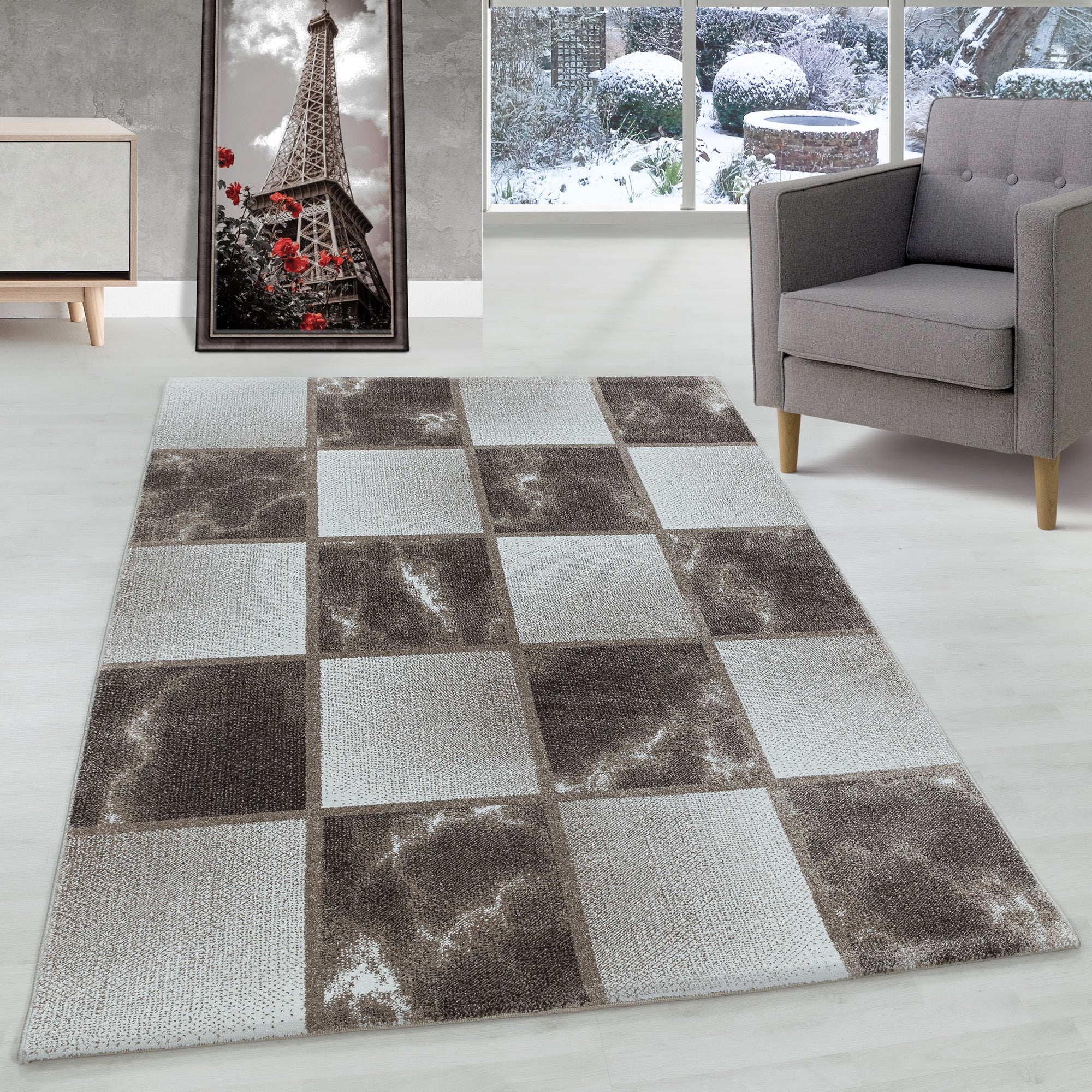 Modern Designer Wohnzimmer Teppich Weicher Kurzflor Kariert Design Robust