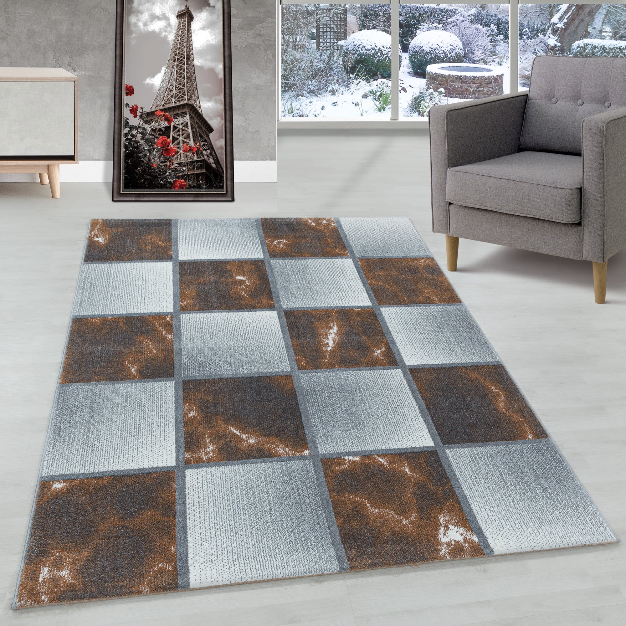 Modern Designer Wohnzimmer Teppich Weicher Kurzflor Kariert Design Robust