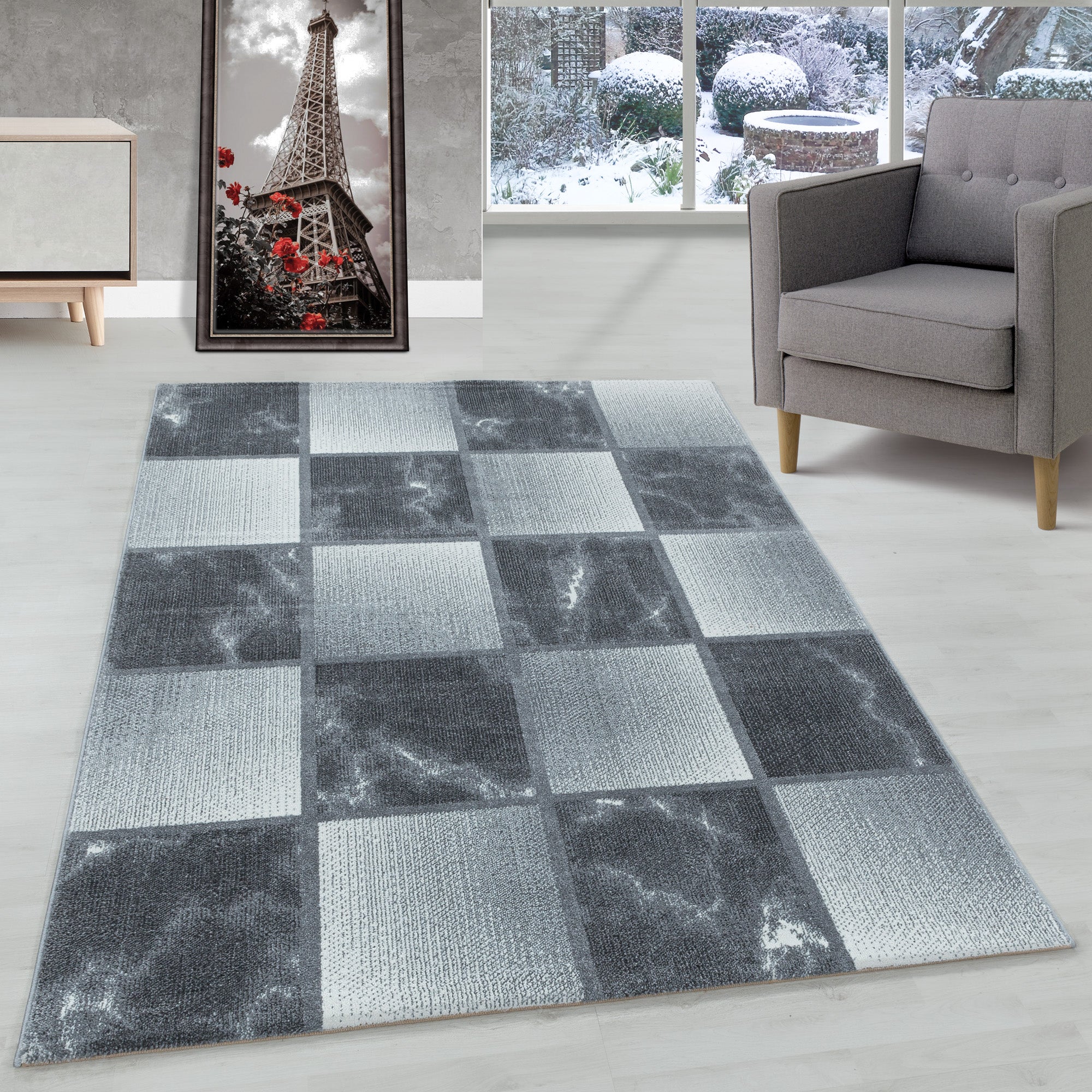 Modern Designer Wohnzimmer Teppich Weicher Kurzflor Kariert Design Robust