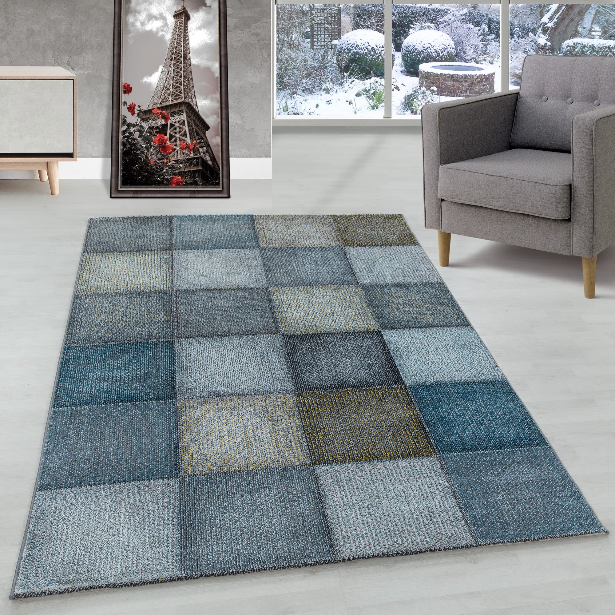 Modern Designer Wohnzimmer Teppich Weicher Kurzflor Kariert Design Robust