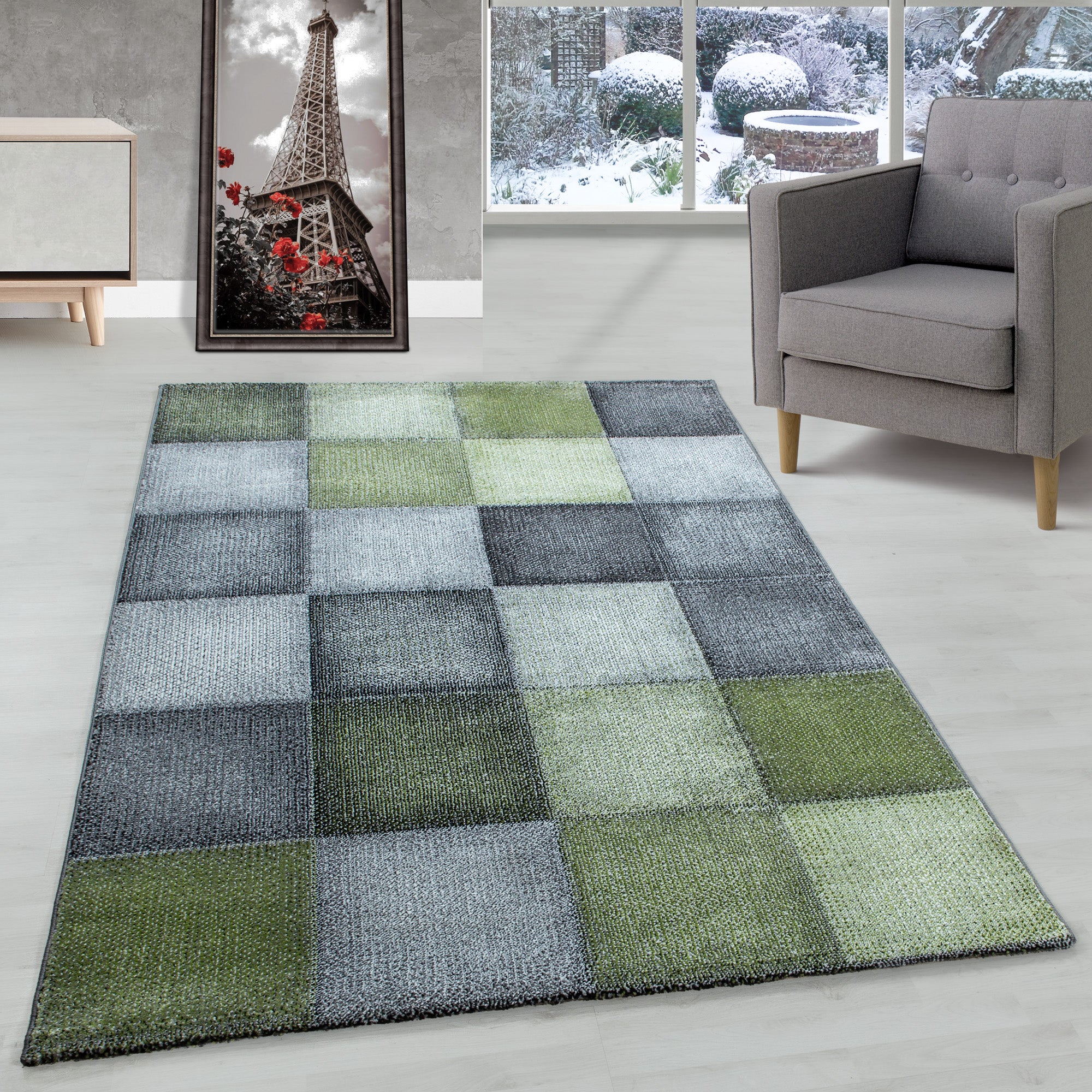 Modern Designer Wohnzimmer Teppich Weicher Kurzflor Kariert Design Robust
