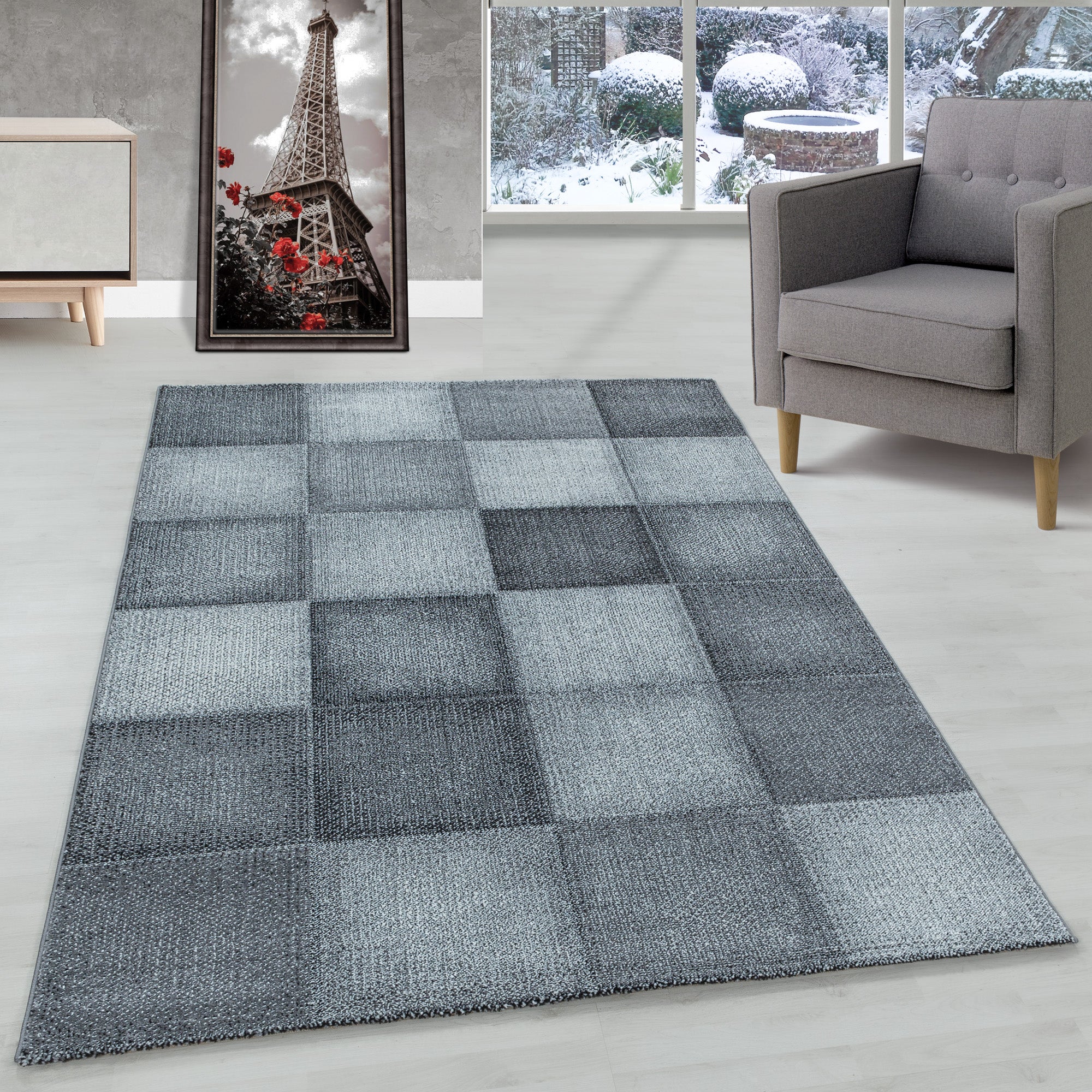 Modern Designer Wohnzimmer Teppich Weicher Kurzflor Kariert Design Robust