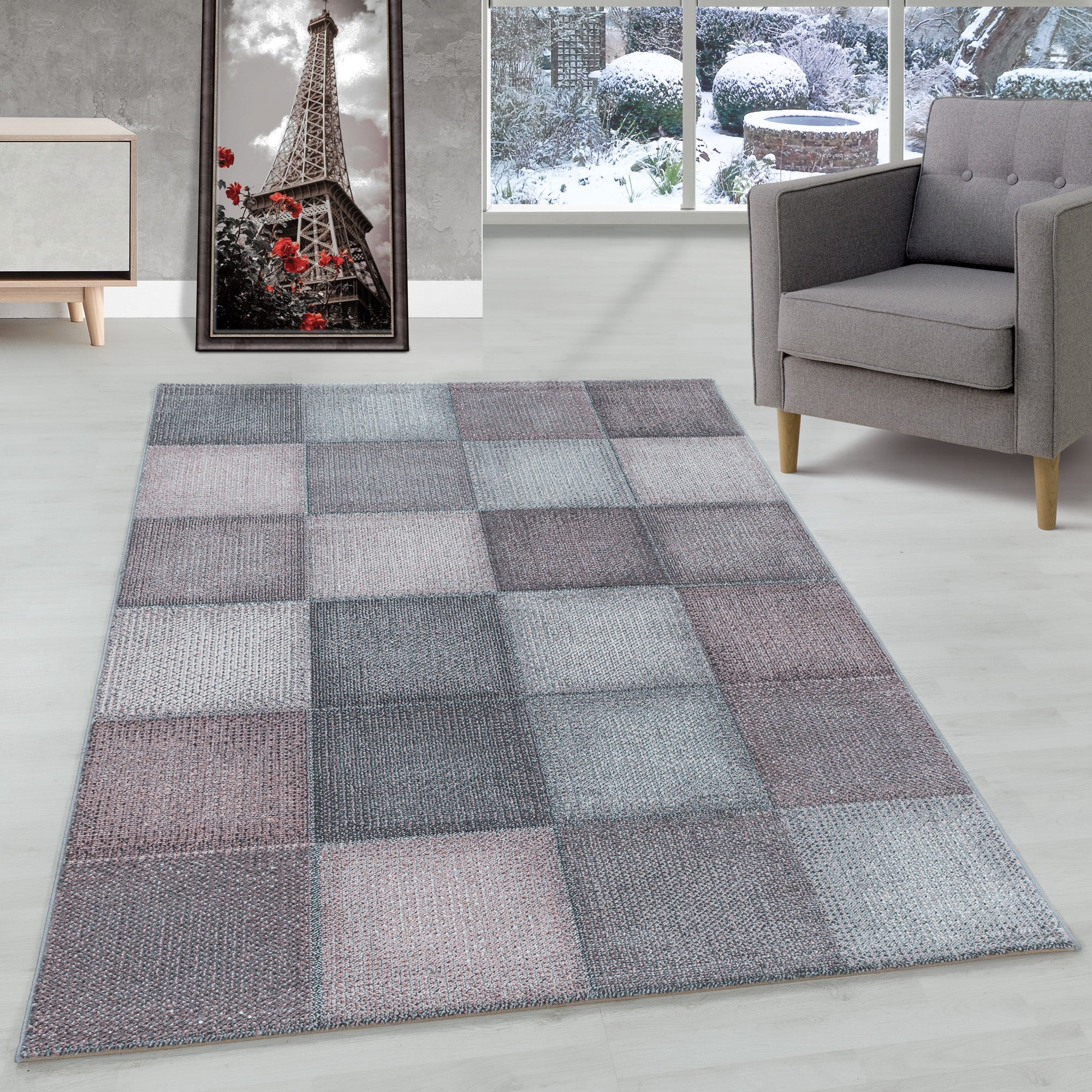 Modern Designer Wohnzimmer Teppich Weicher Kurzflor Kariert Design Robust