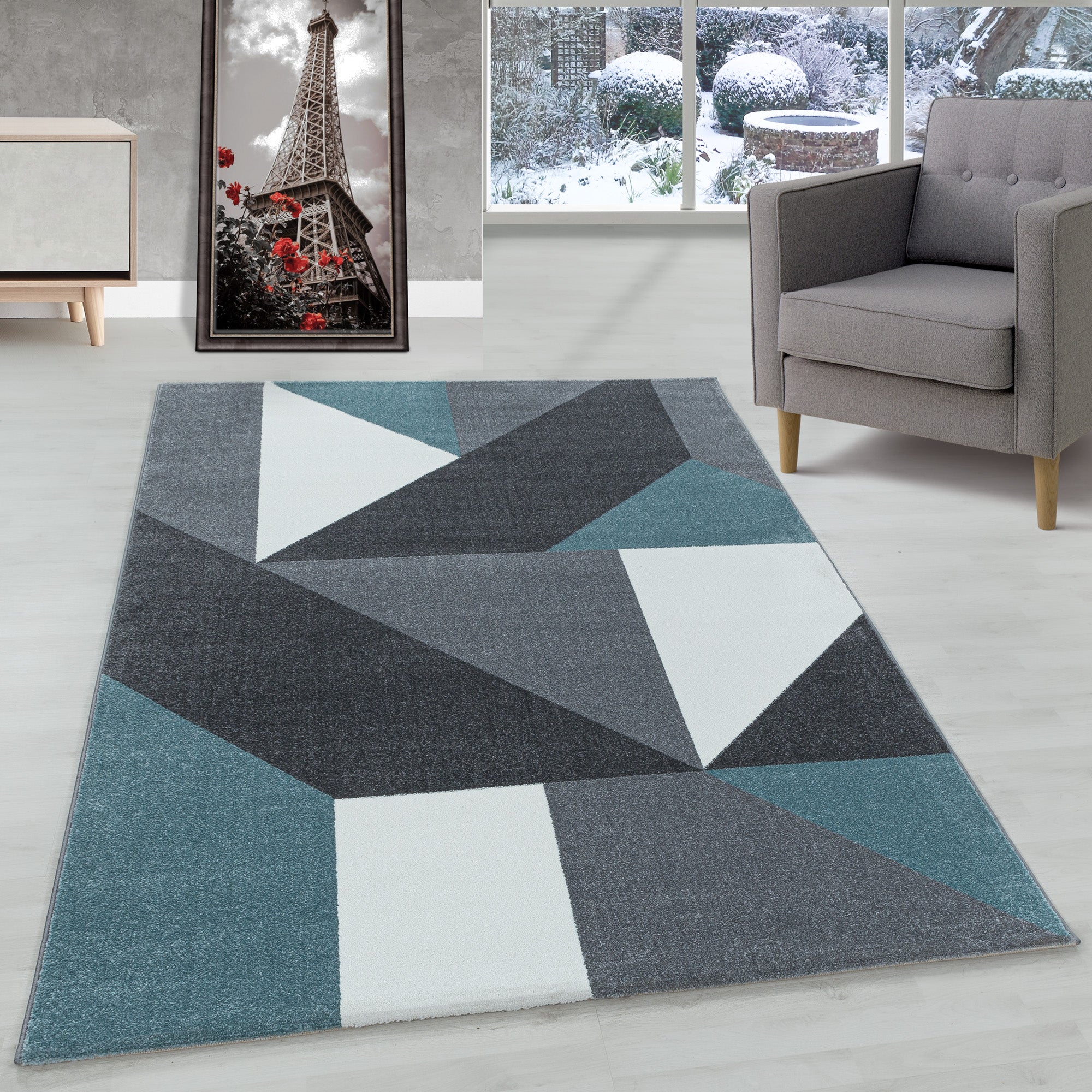 Modern Designer Wohnzimmer Teppich Weicher Kurzflor Geometrisch Design Robust
