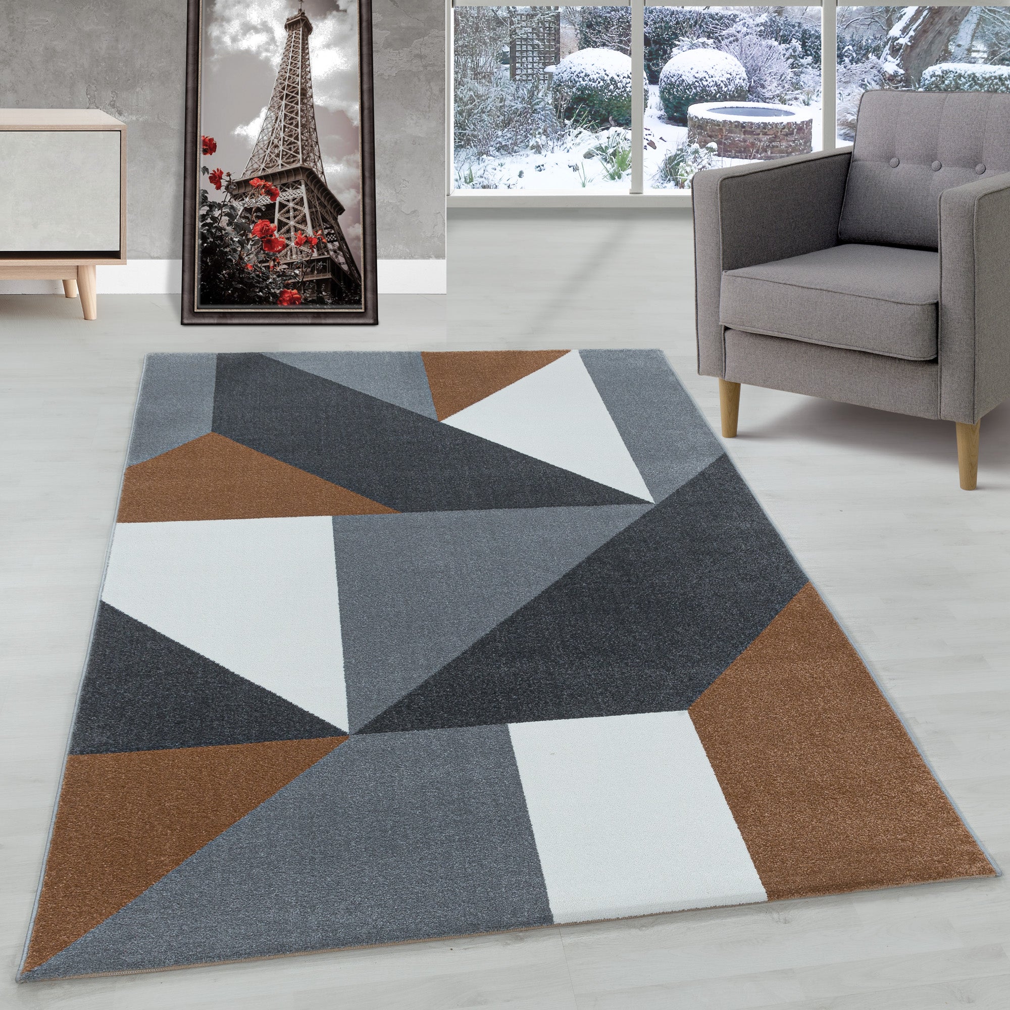 Modern Designer Wohnzimmer Teppich Weicher Kurzflor Geometrisch Design Robust