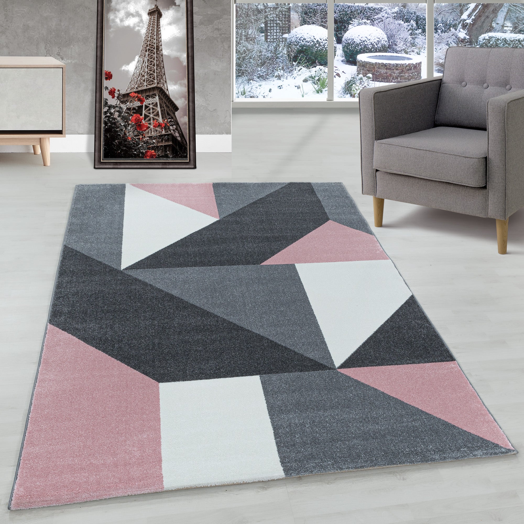 Modern Designer Wohnzimmer Teppich Weicher Kurzflor Geometrisch Design Robust