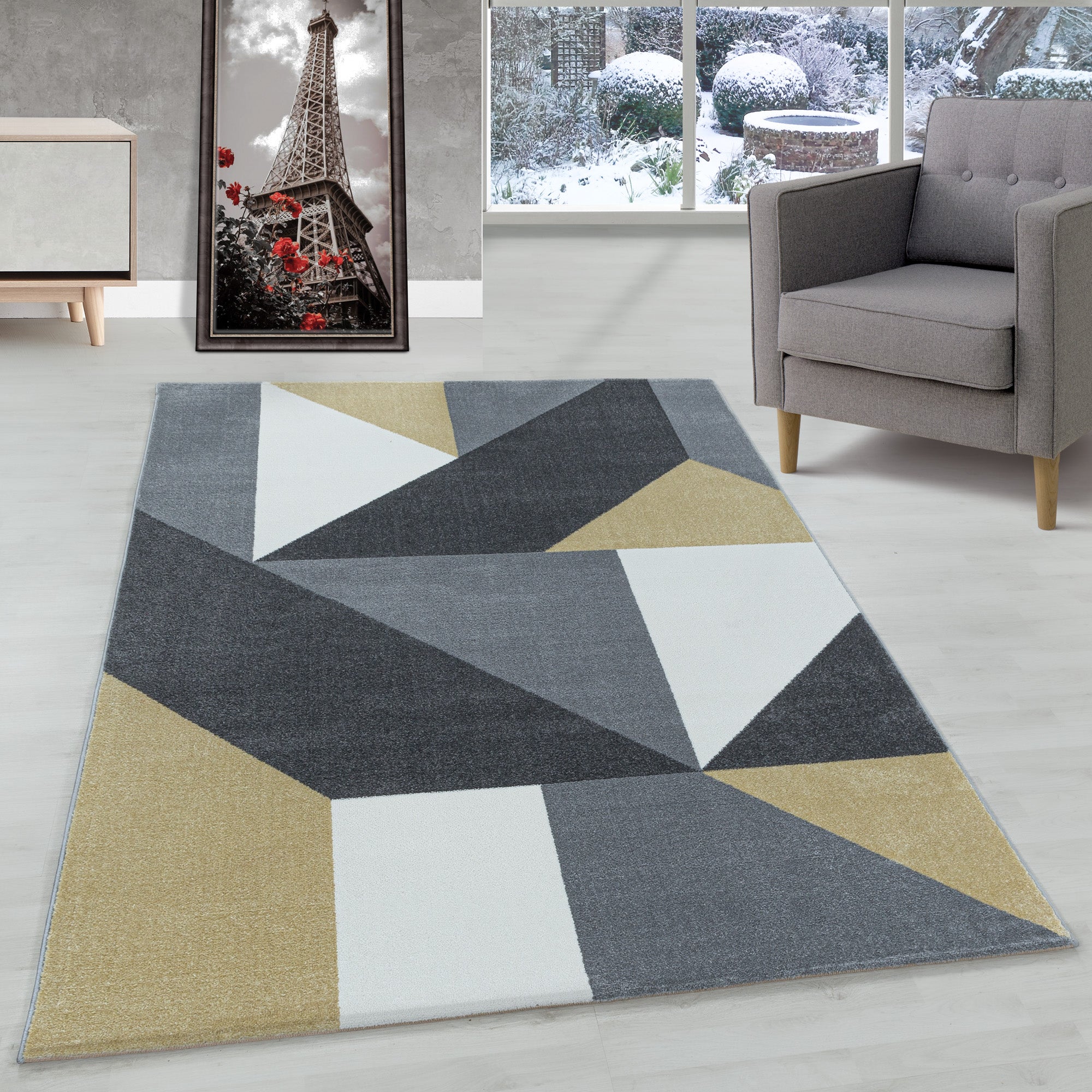 Modern Designer Wohnzimmer Teppich Weicher Kurzflor Geometrisch Design Robust