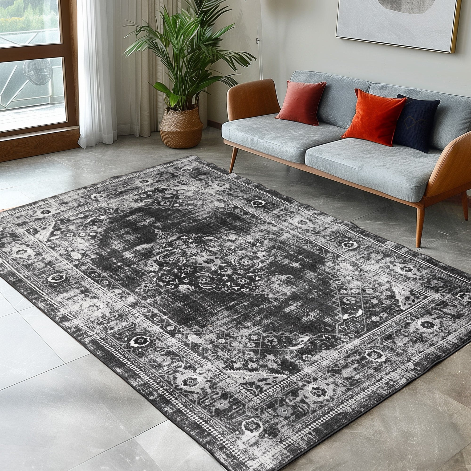 Waschbarer Teppich Wohnzimmer Flachgewebe Robust Vintage Optik Rutschfest