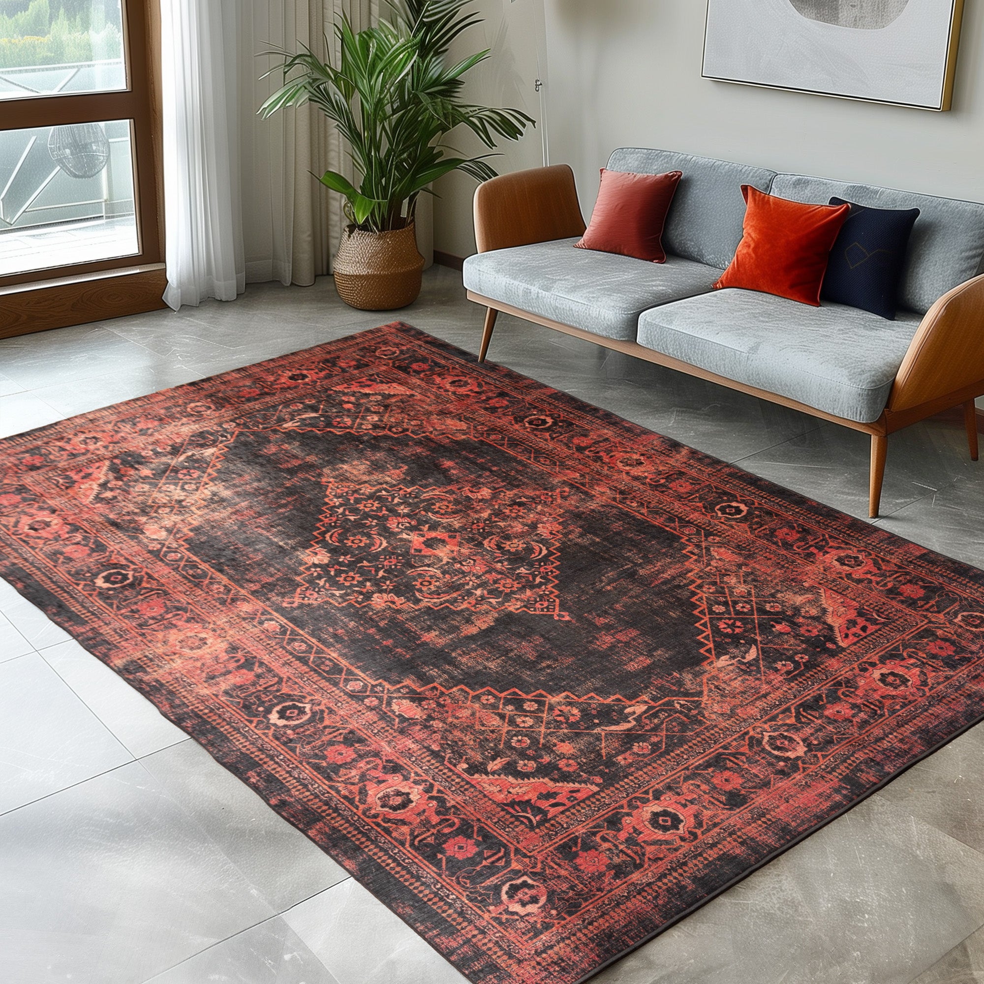 Waschbarer Teppich Wohnzimmer Flachgewebe Robust Vintage Optik Rutschfest