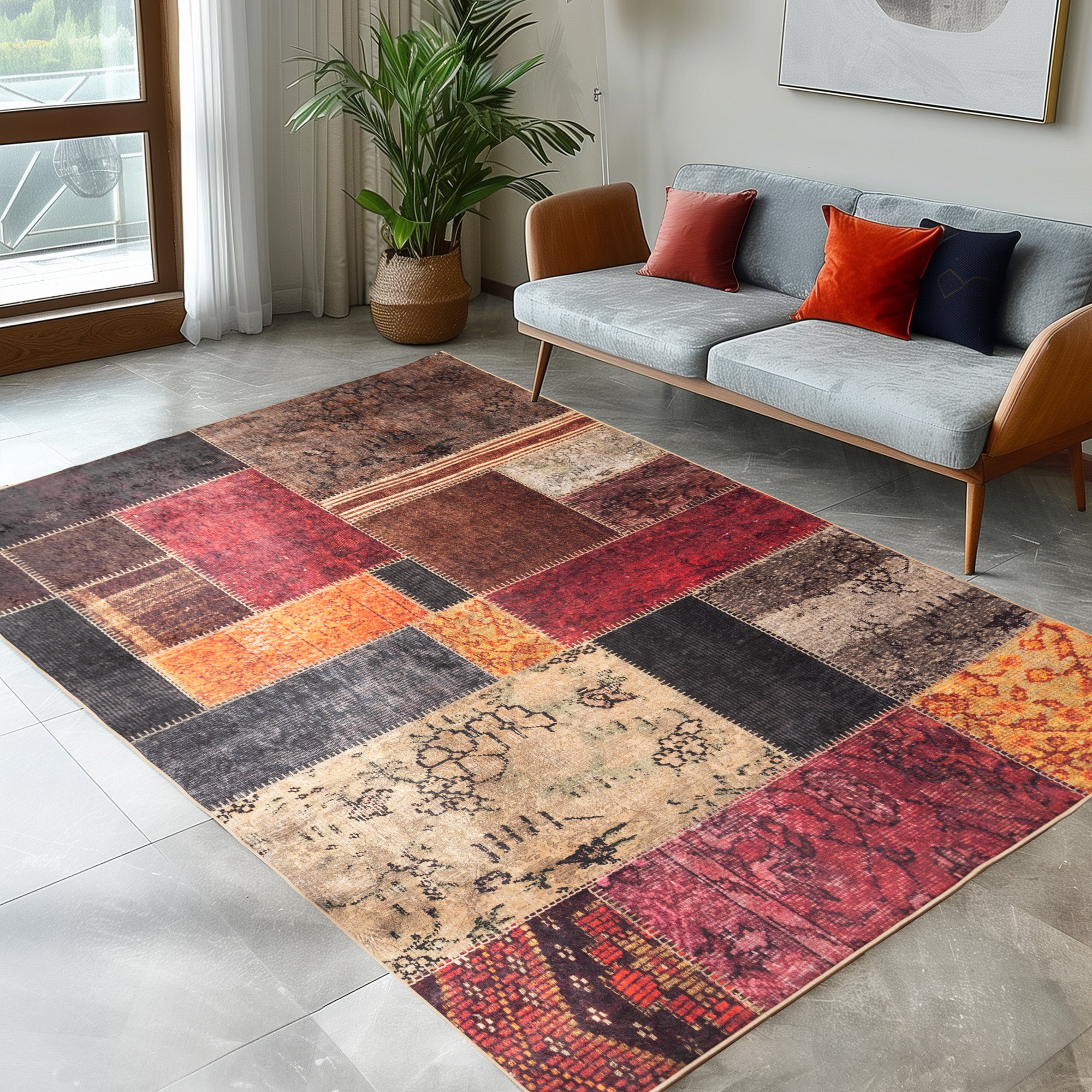 Waschbarer Teppich Wohnzimmer Flachgewebe Robust Patchwork Design Rutschfest