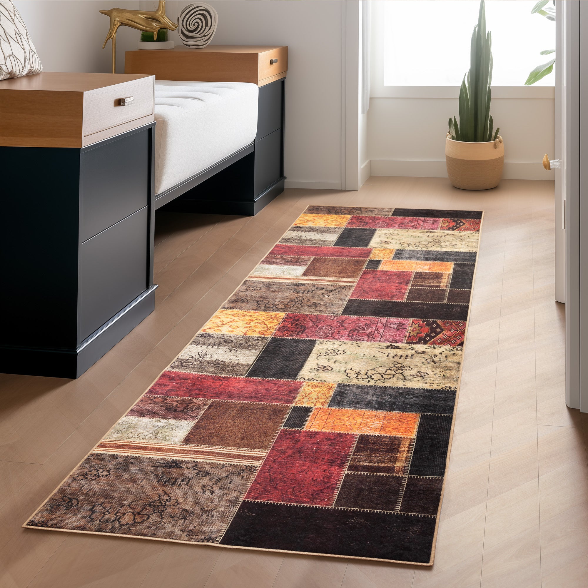 Waschbarer Teppich Wohnzimmer Flachgewebe Robust Patchwork Design Rutschfest