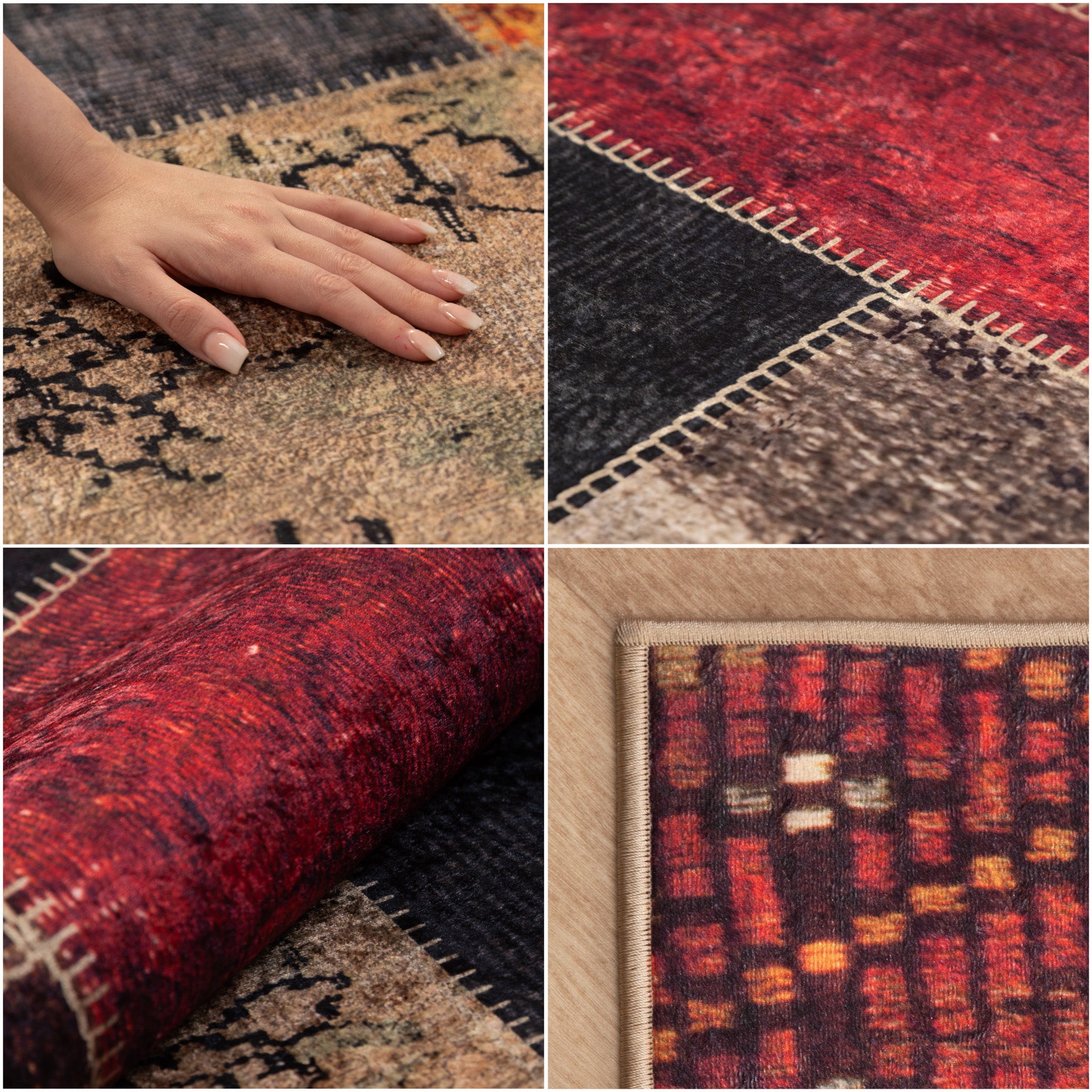 Waschbarer Teppich Wohnzimmer Flachgewebe Robust Patchwork Design Rutschfest