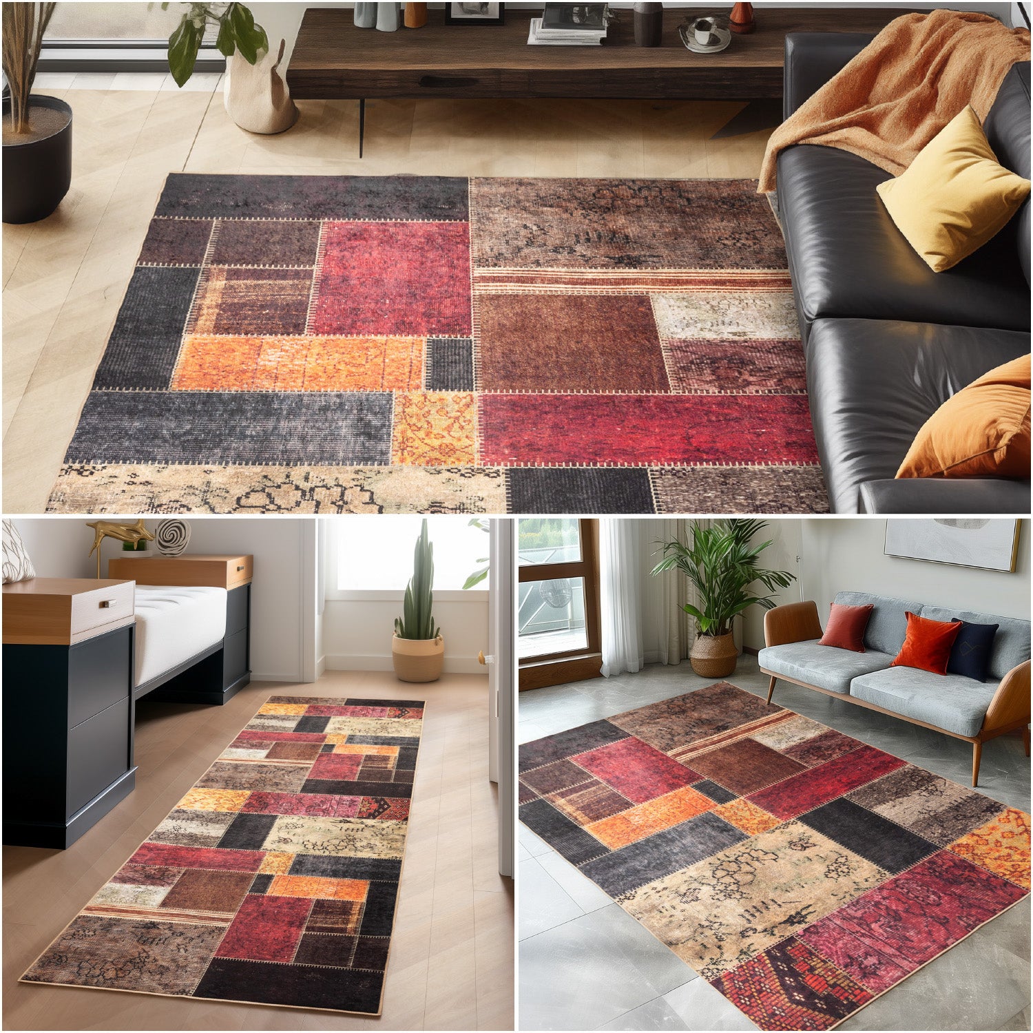 Waschbarer Teppich Wohnzimmer Flachgewebe Robust Patchwork Design Rutschfest
