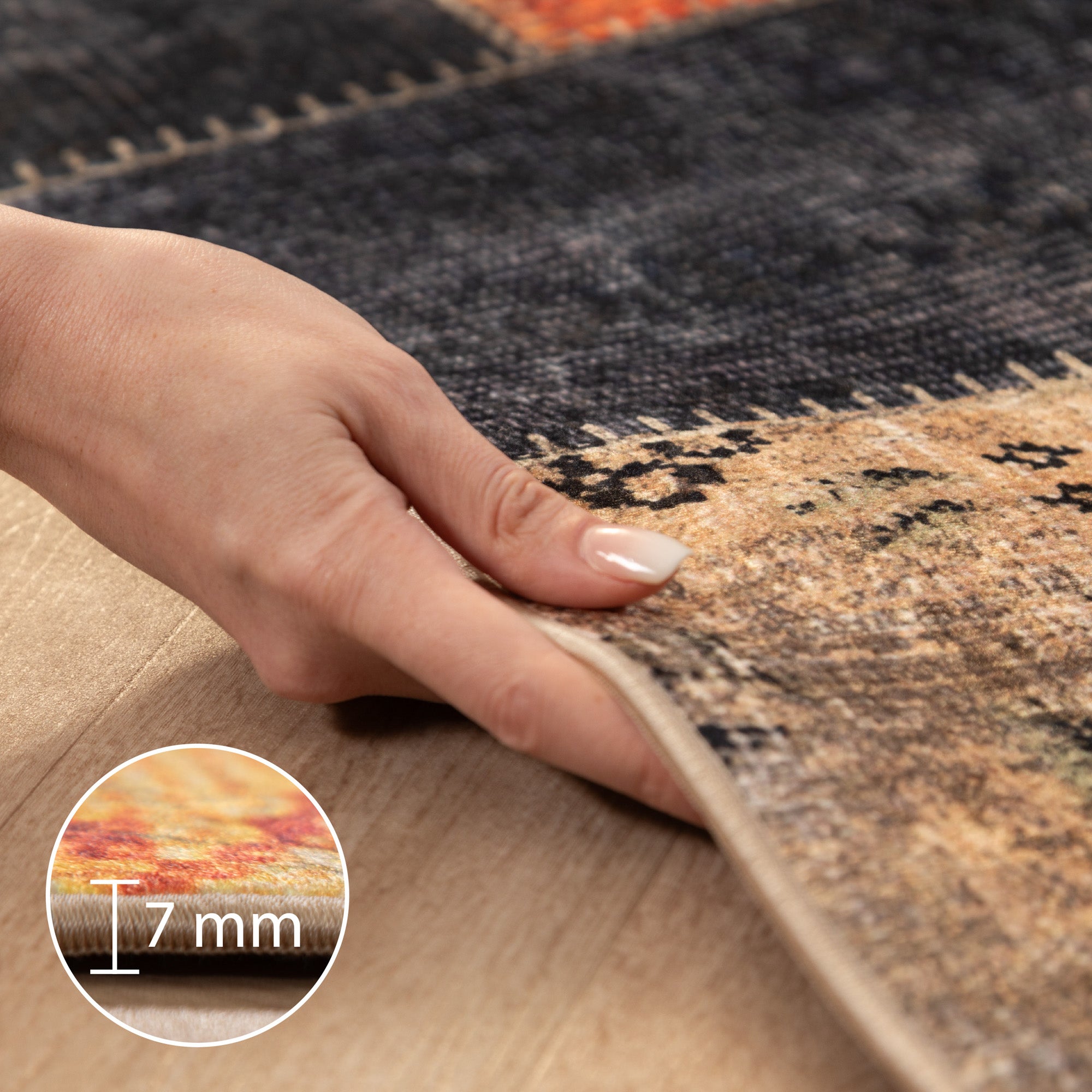 Waschbarer Teppich Wohnzimmer Flachgewebe Robust Patchwork Design Rutschfest
