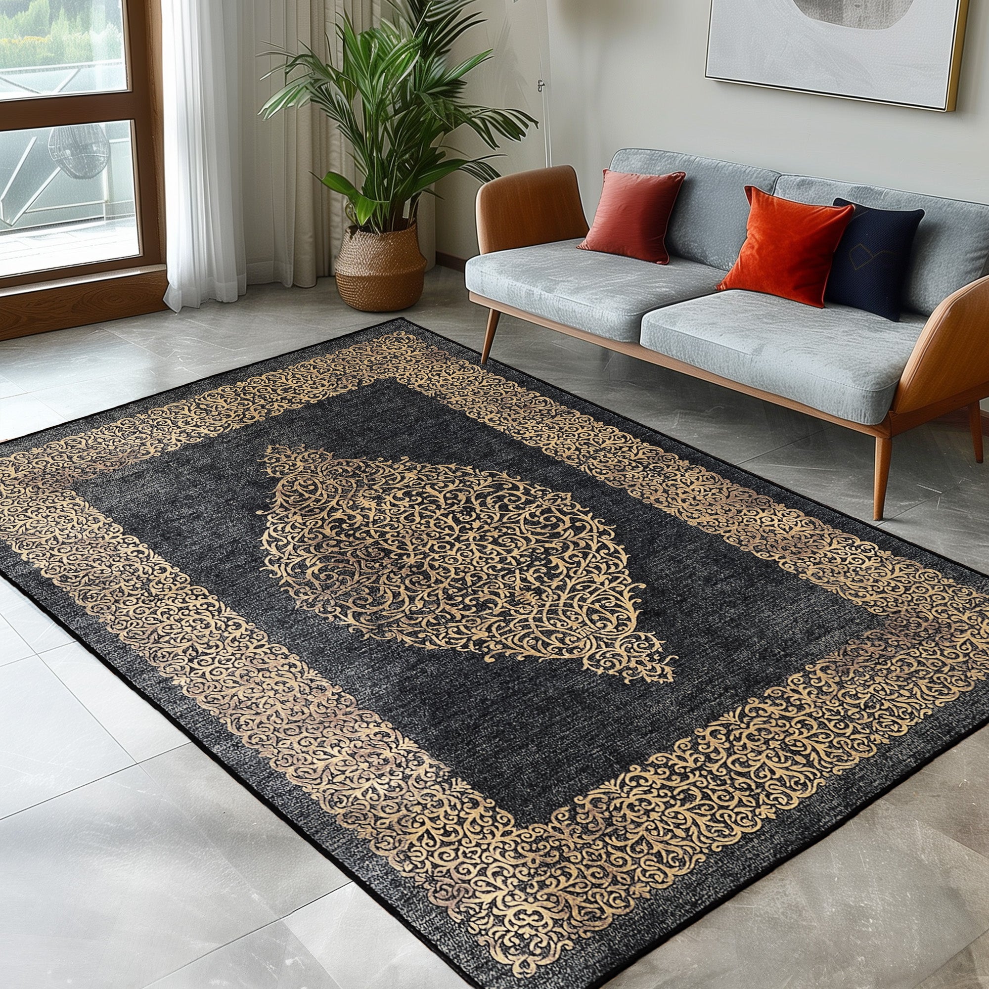 Waschbarer Teppich Wohnzimmer Flachgewebe Robust Barock Design Rutschfest