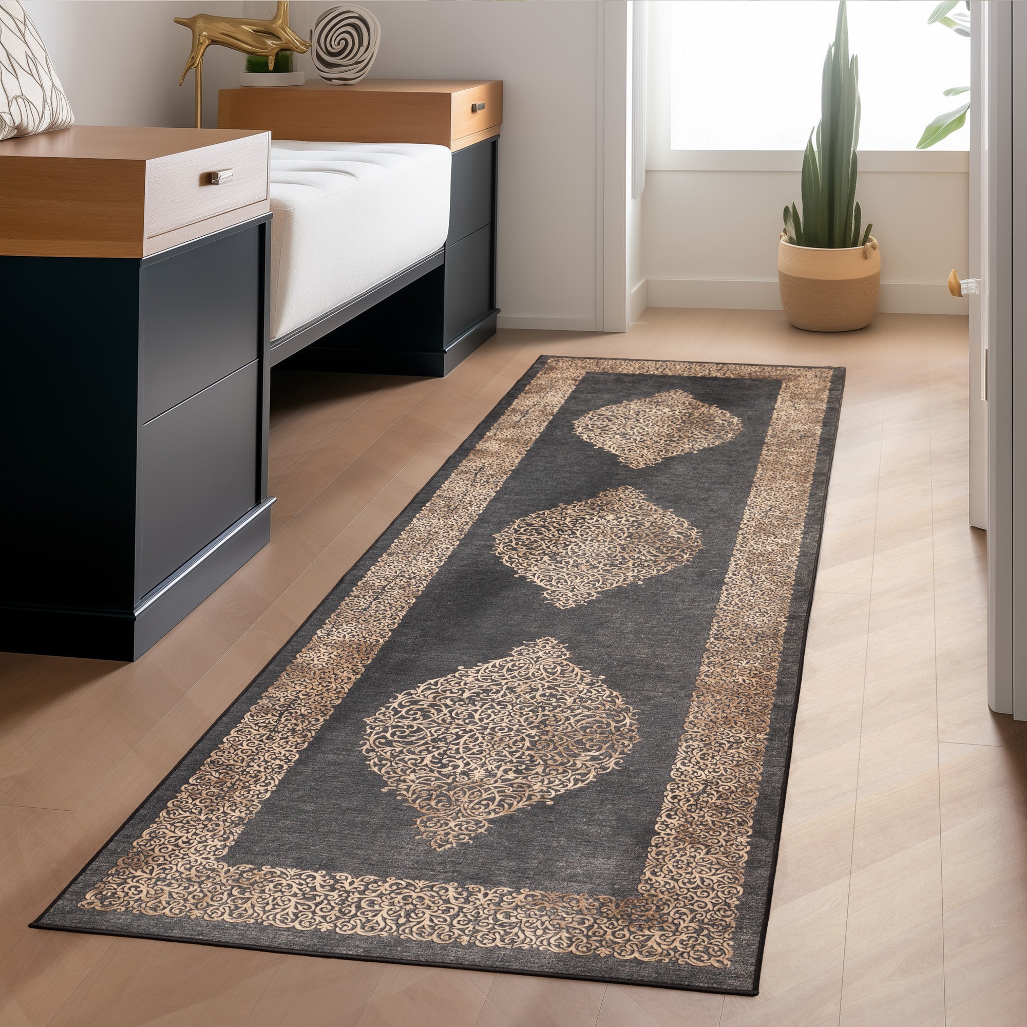 Waschbarer Teppich Wohnzimmer Flachgewebe Robust Barock Design Rutschfest