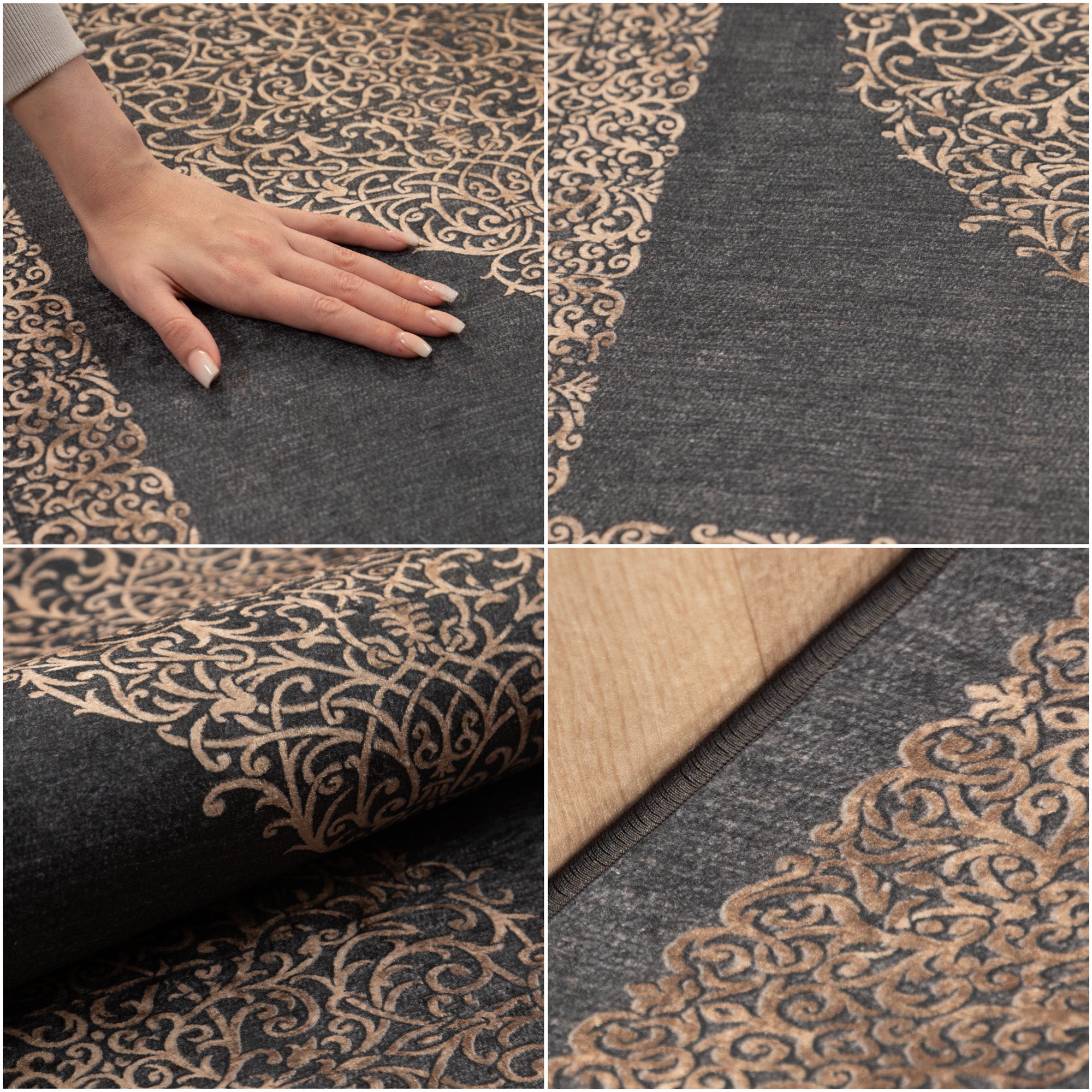 Waschbarer Teppich Wohnzimmer Flachgewebe Robust Barock Design Rutschfest