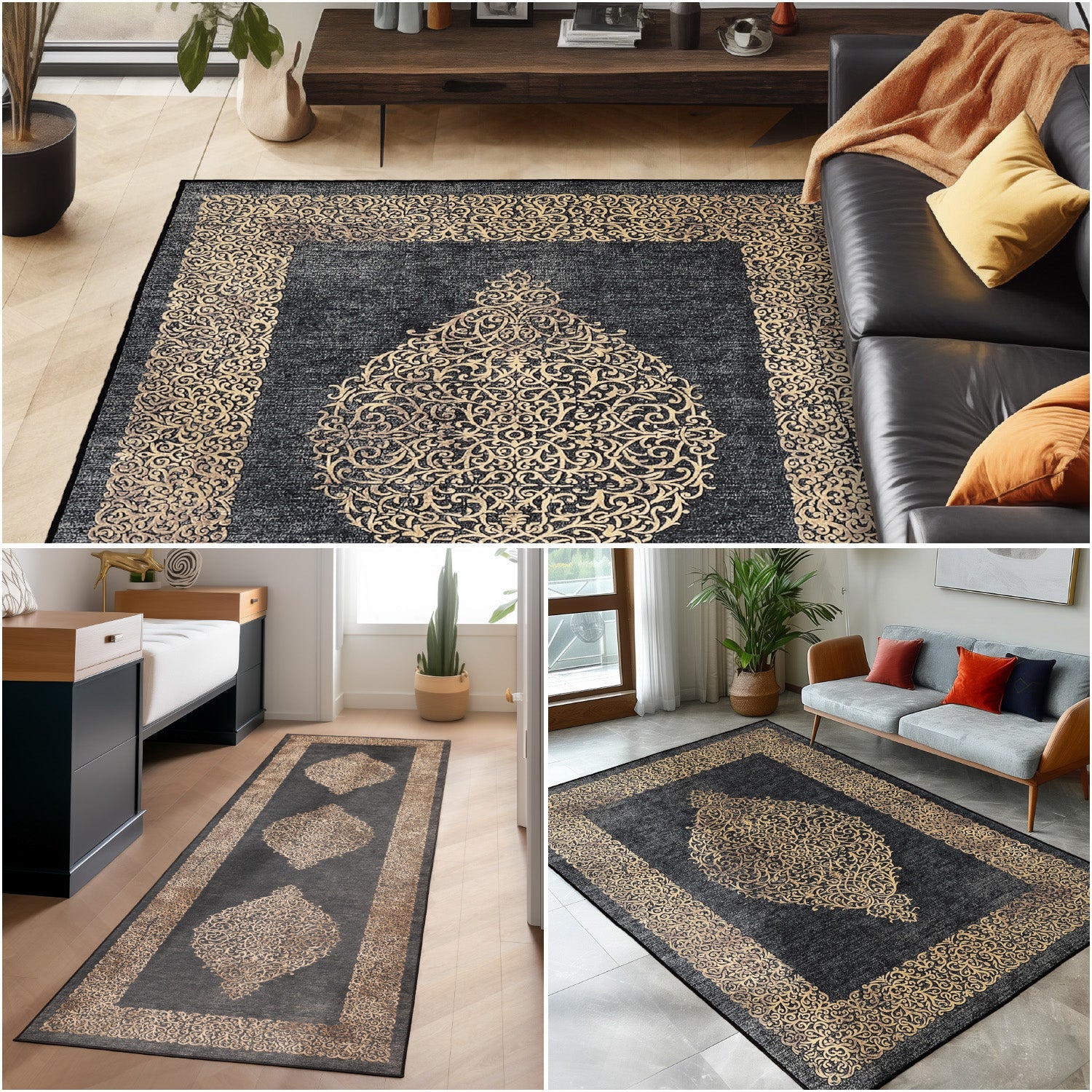 Waschbarer Teppich Wohnzimmer Flachgewebe Robust Barock Design Rutschfest