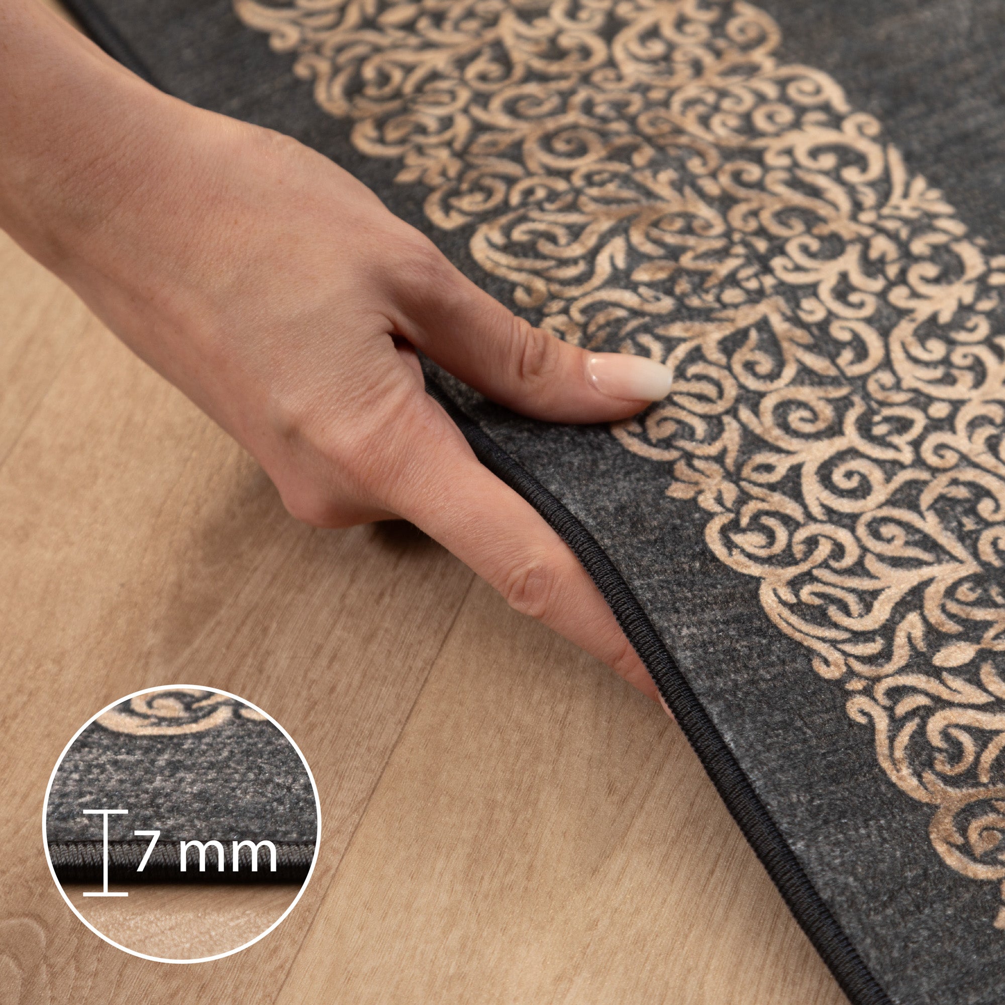 Waschbarer Teppich Wohnzimmer Flachgewebe Robust Barock Design Rutschfest