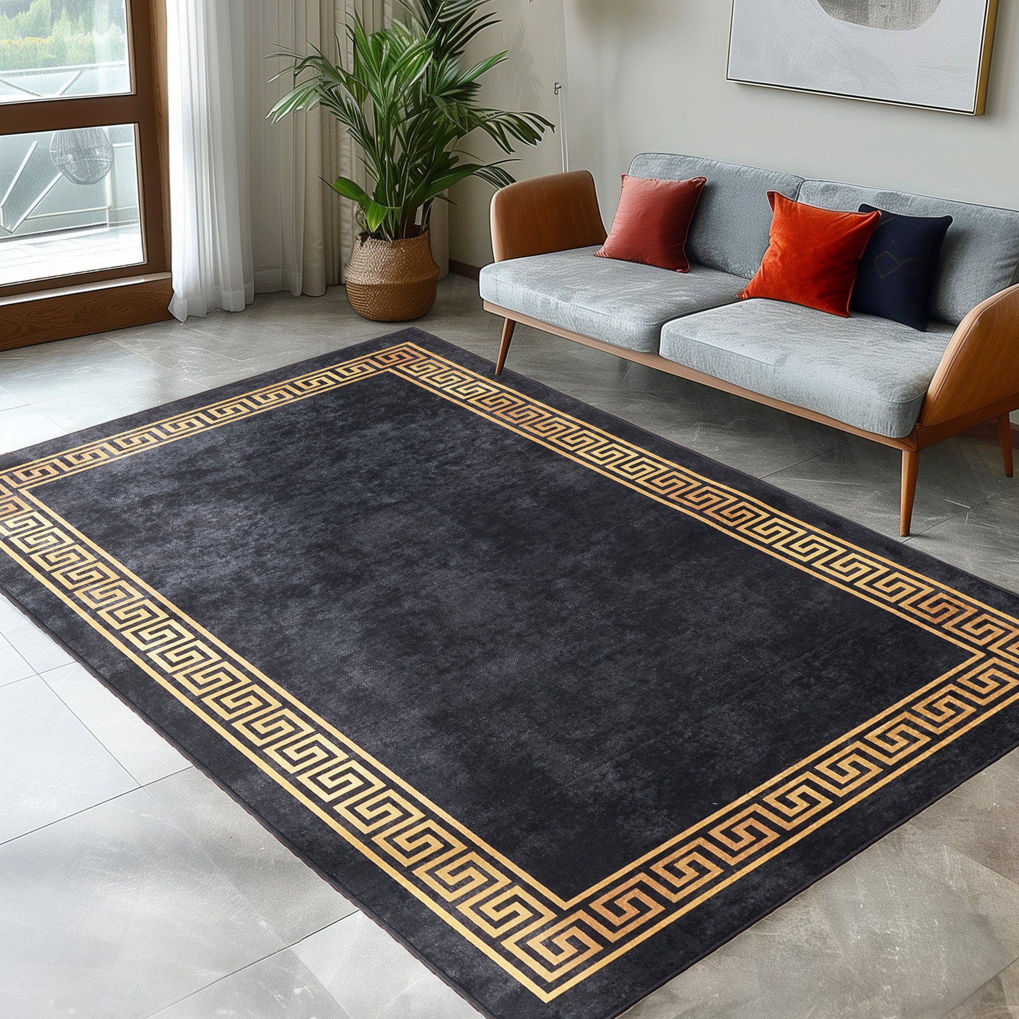 Waschbarer Teppich Wohnzimmer Flachgewebe Robust Mäander Design Rutschfest