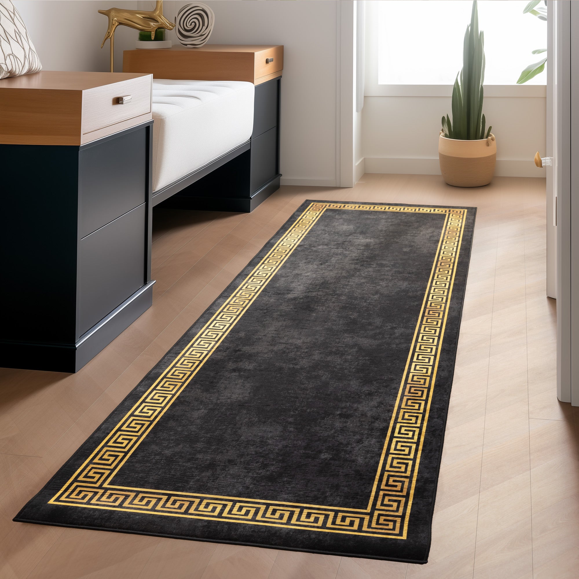 Waschbarer Teppich Wohnzimmer Flachgewebe Robust Mäander Design Rutschfest