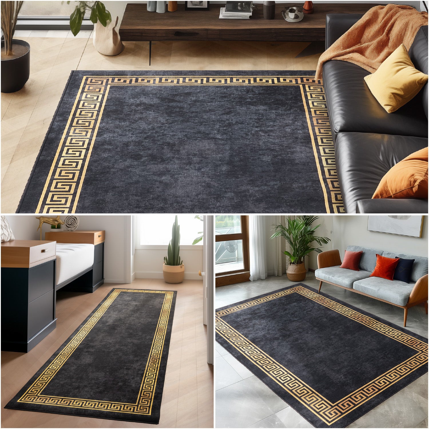 Waschbarer Teppich Wohnzimmer Flachgewebe Robust Mäander Design Rutschfest