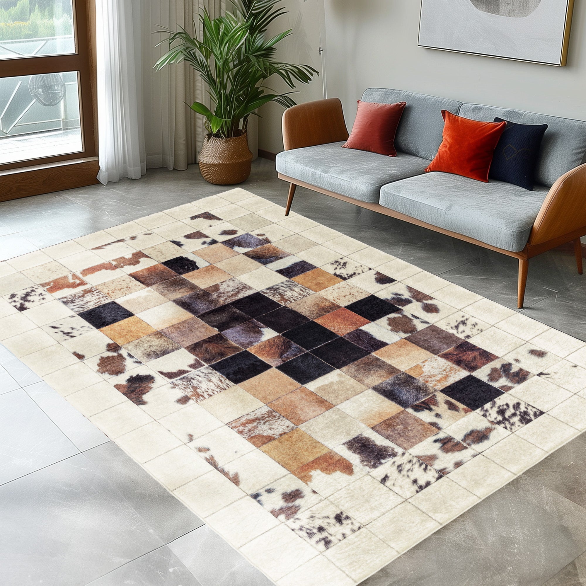 Waschbarer Teppich Wohnzimmer Flachgewebe Robust Patchwork Design Rutschfest