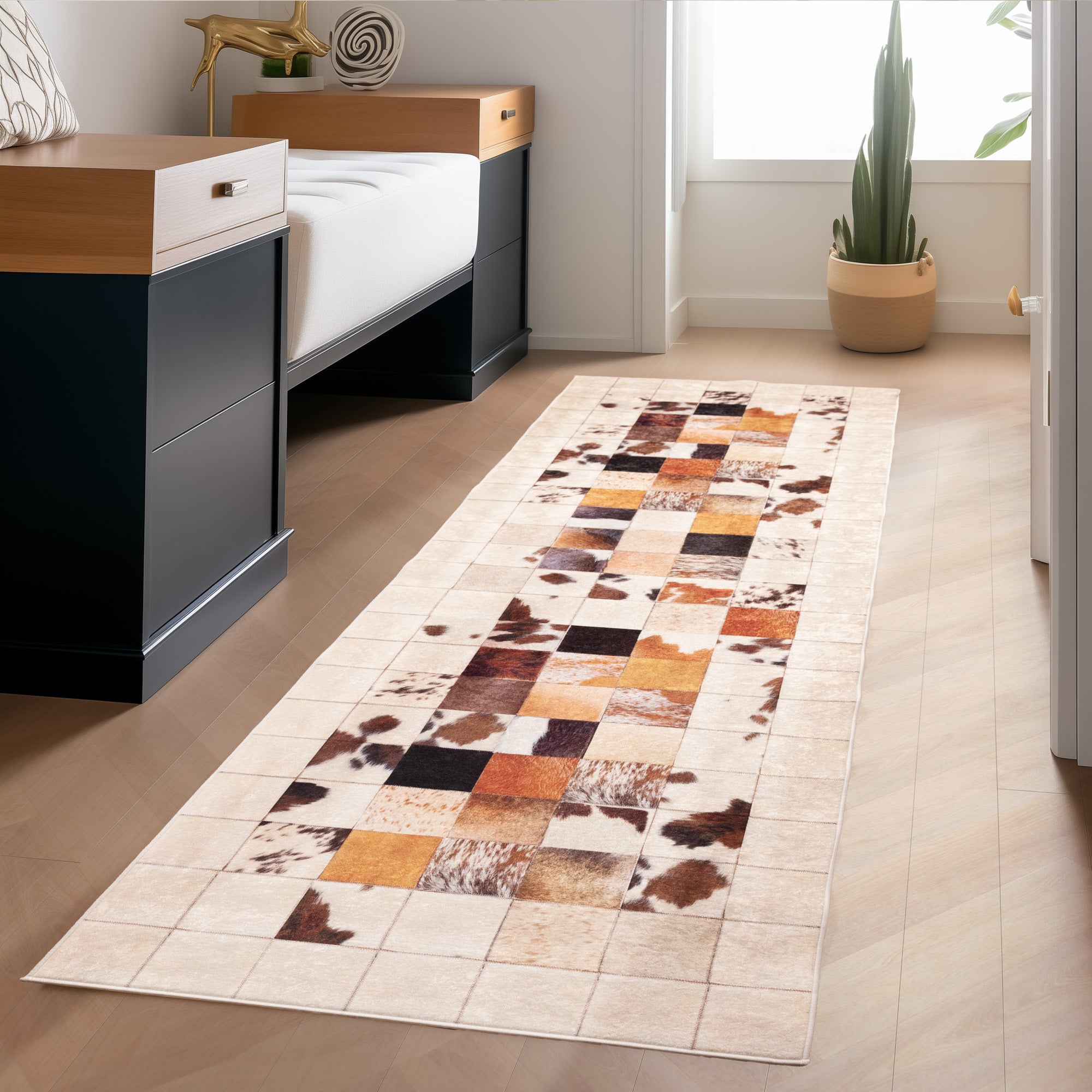 Waschbarer Teppich Wohnzimmer Flachgewebe Robust Patchwork Design Rutschfest