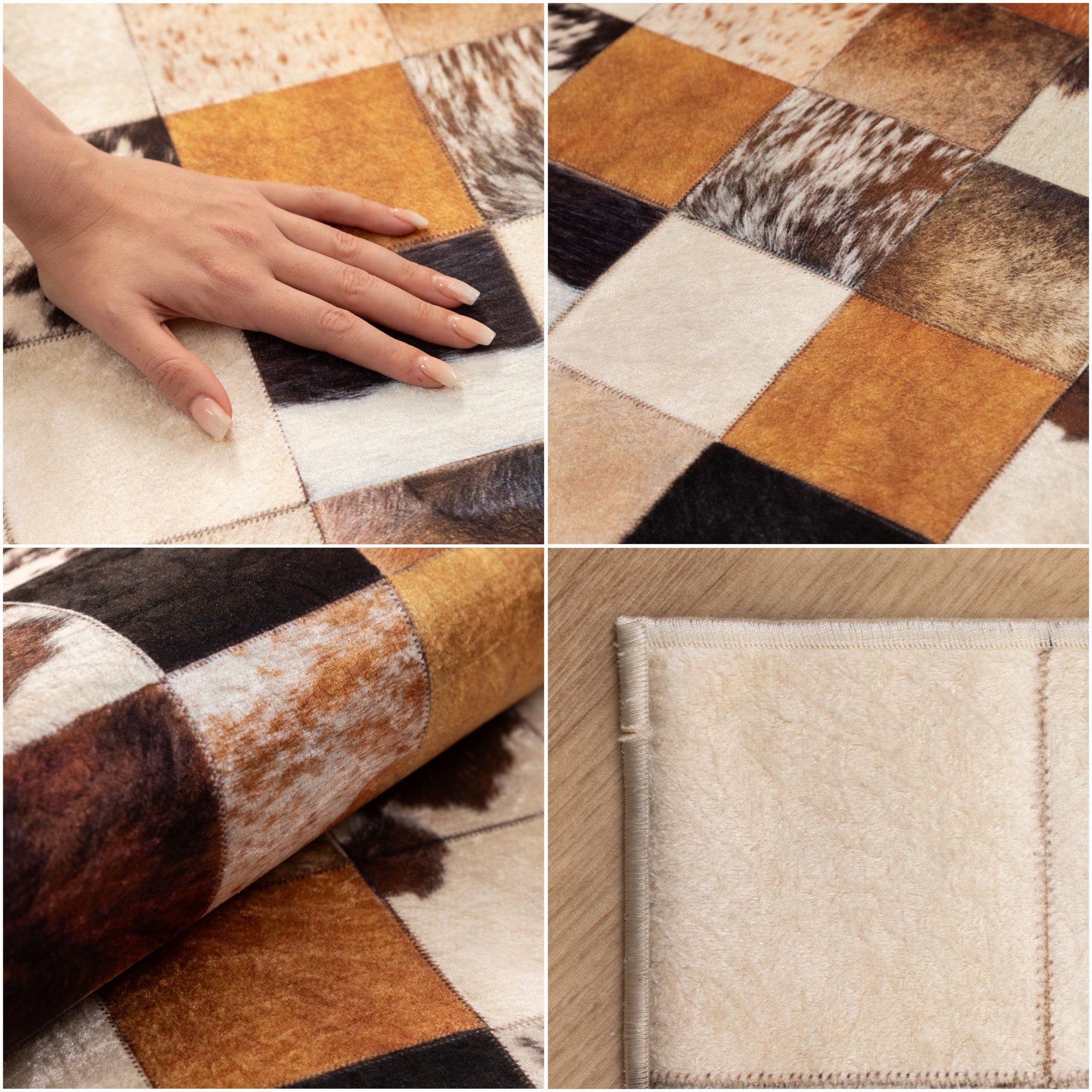 Waschbarer Teppich Wohnzimmer Flachgewebe Robust Patchwork Design Rutschfest