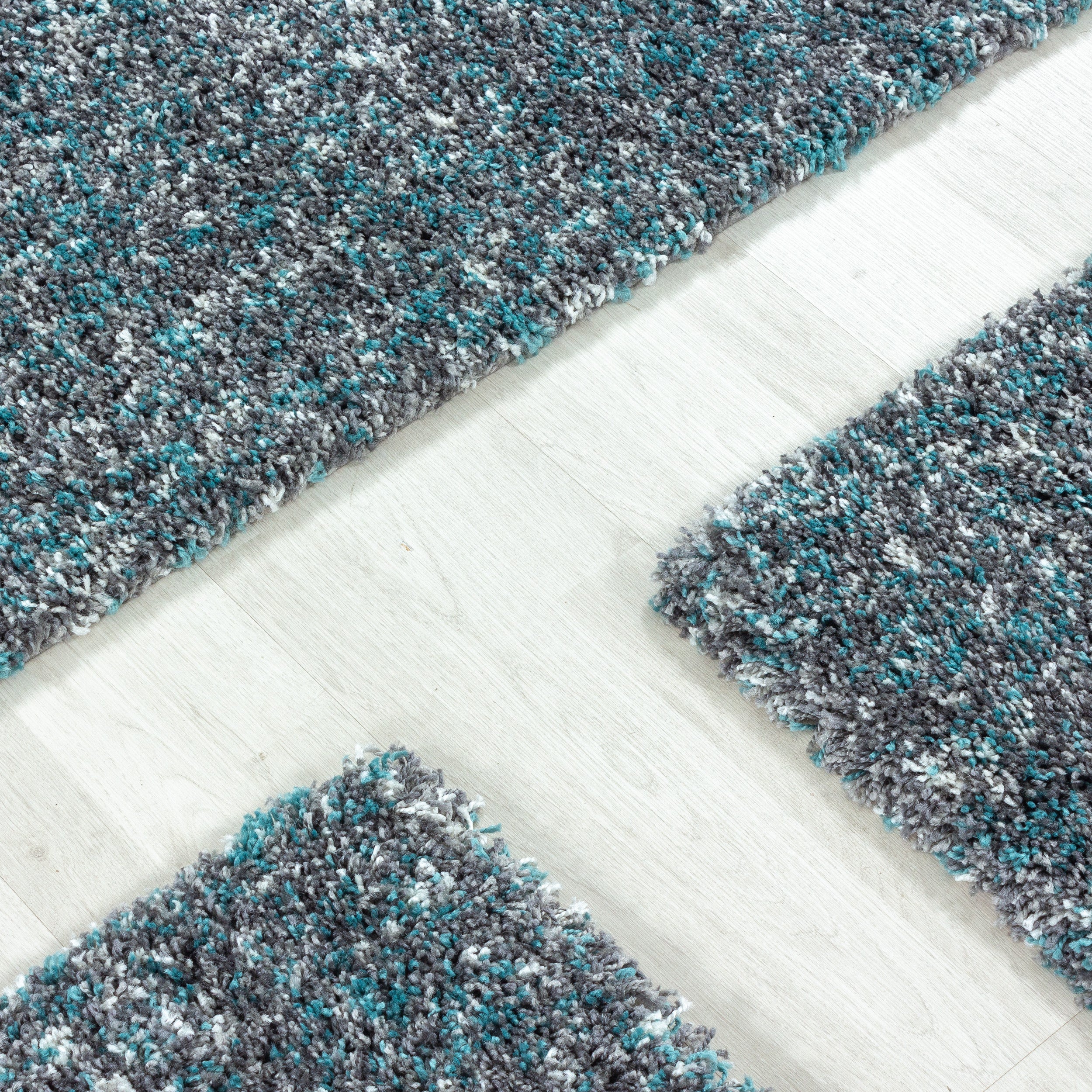 Kurzflor Läuferset Teppich 3-teilig Set Shaggy Bettumrandung Grau Blau meliert