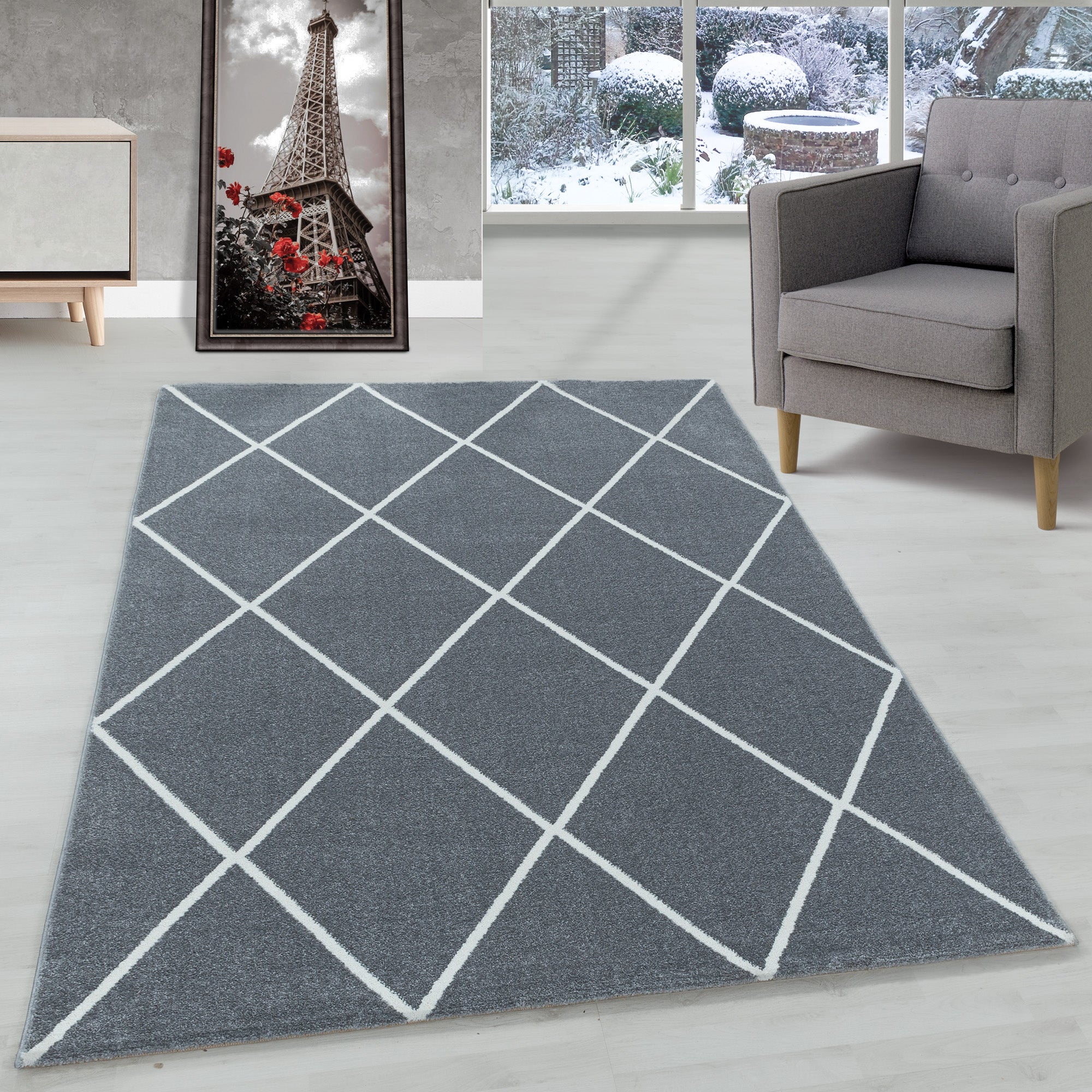 Modern Designer Kurzflor Teppich Wohnzimmer Geometrisch Design Robust