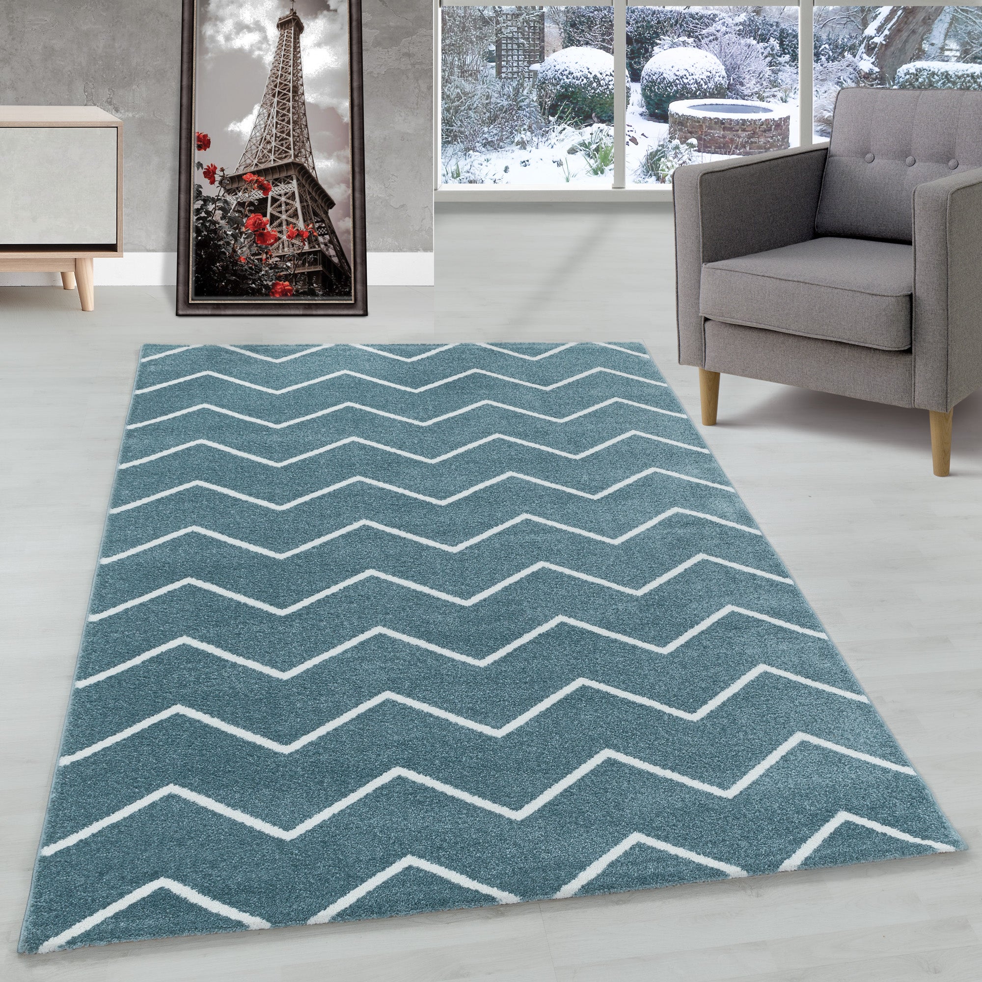 Modern Designer Kurzflor Teppich Wohnzimmer Chevron Design Robust Pflegeleicht