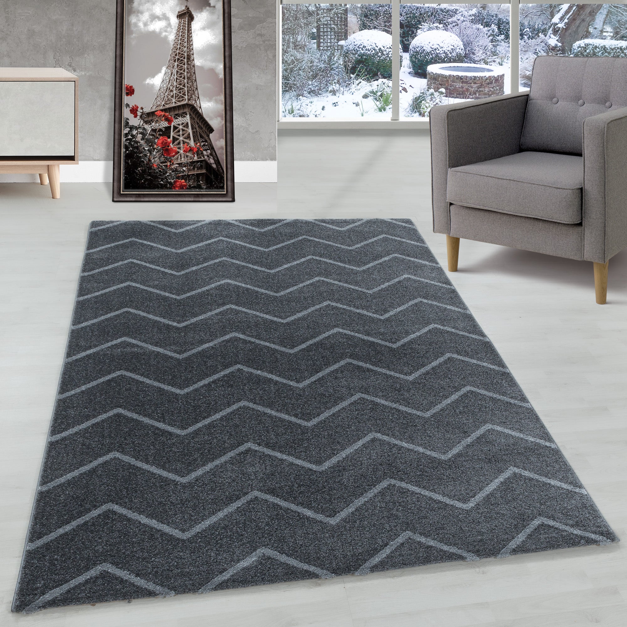 Modern Designer Kurzflor Teppich Wohnzimmer Chevron Design Robust Pflegeleicht