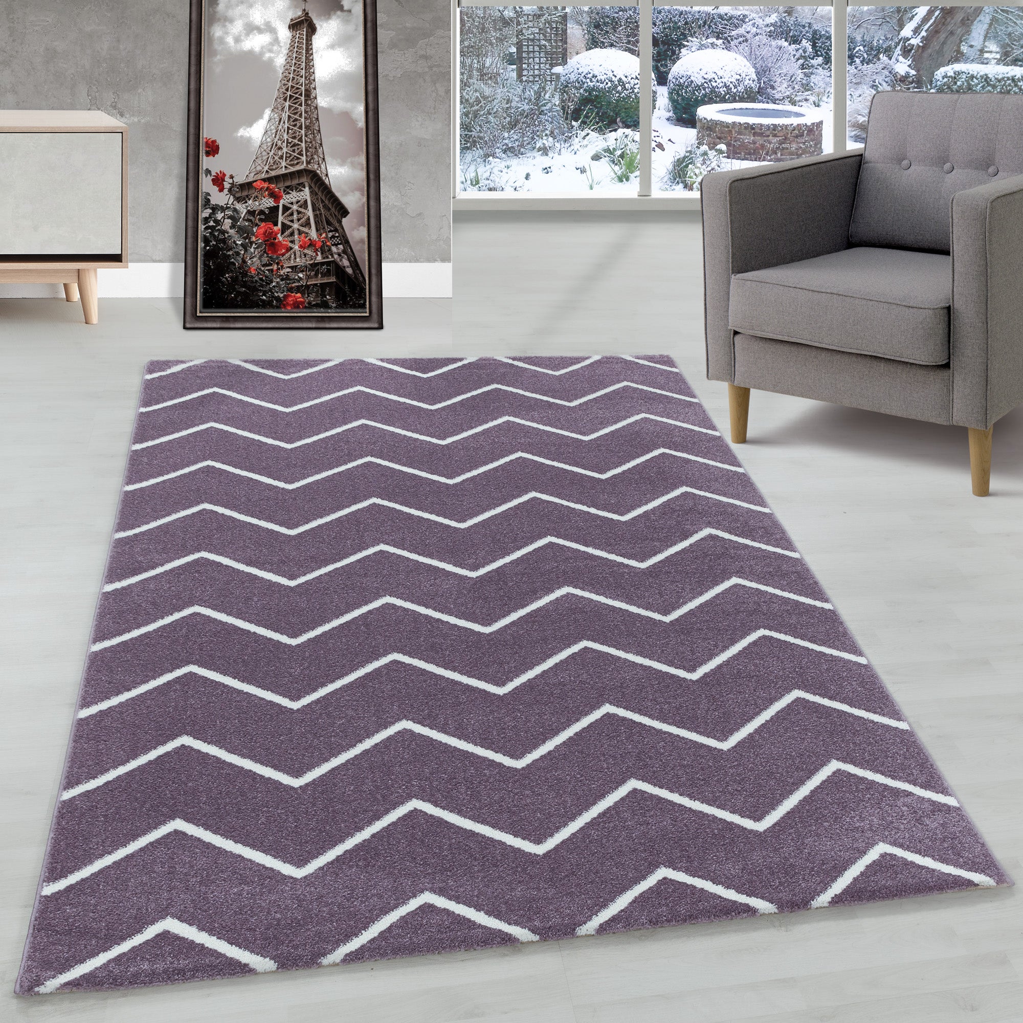 Modern Designer Kurzflor Teppich Wohnzimmer Chevron Design Robust Pflegeleicht