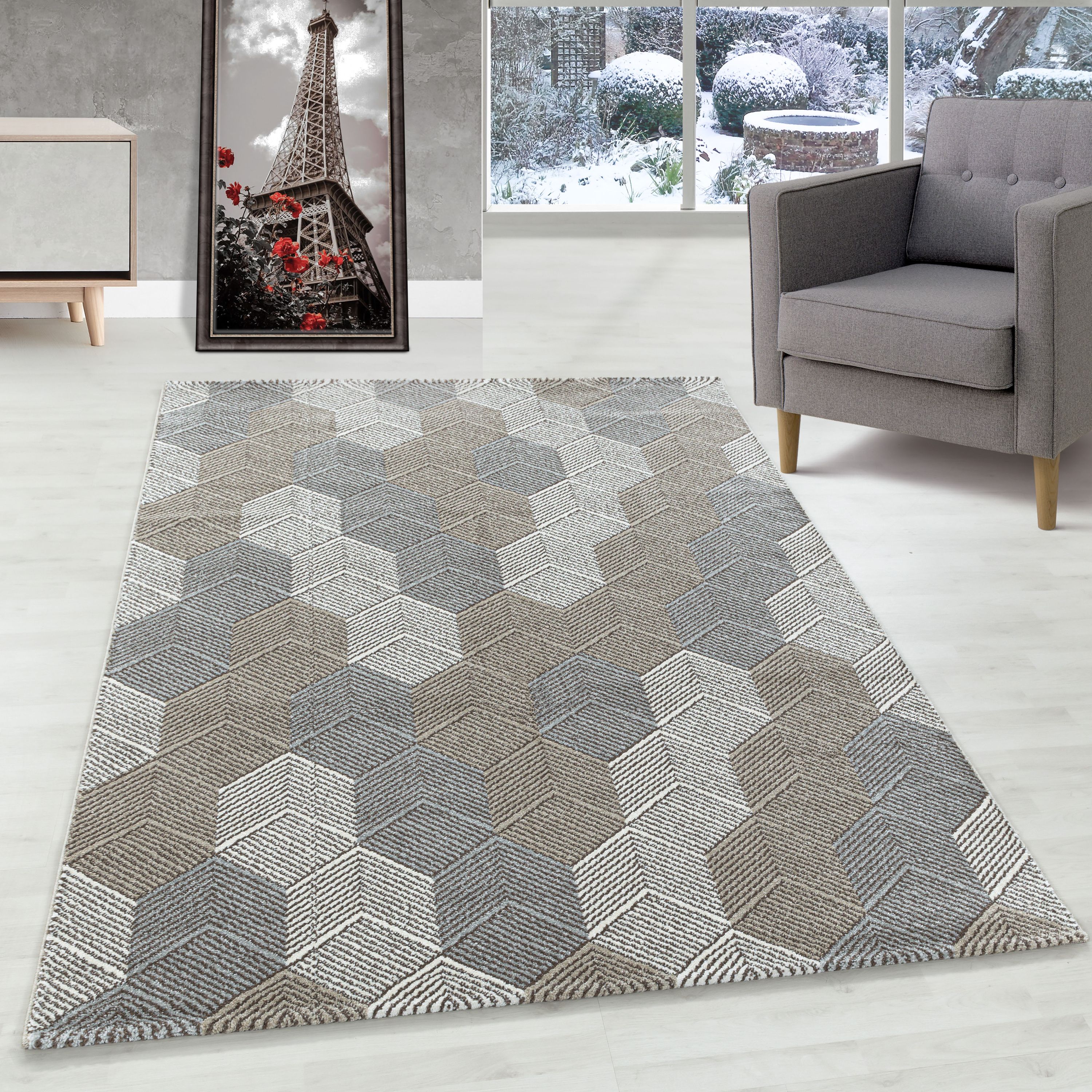 Kurzflor Teppich Wohnzimmer Modern Design Vintage-Stil Weich Pflegeleicht