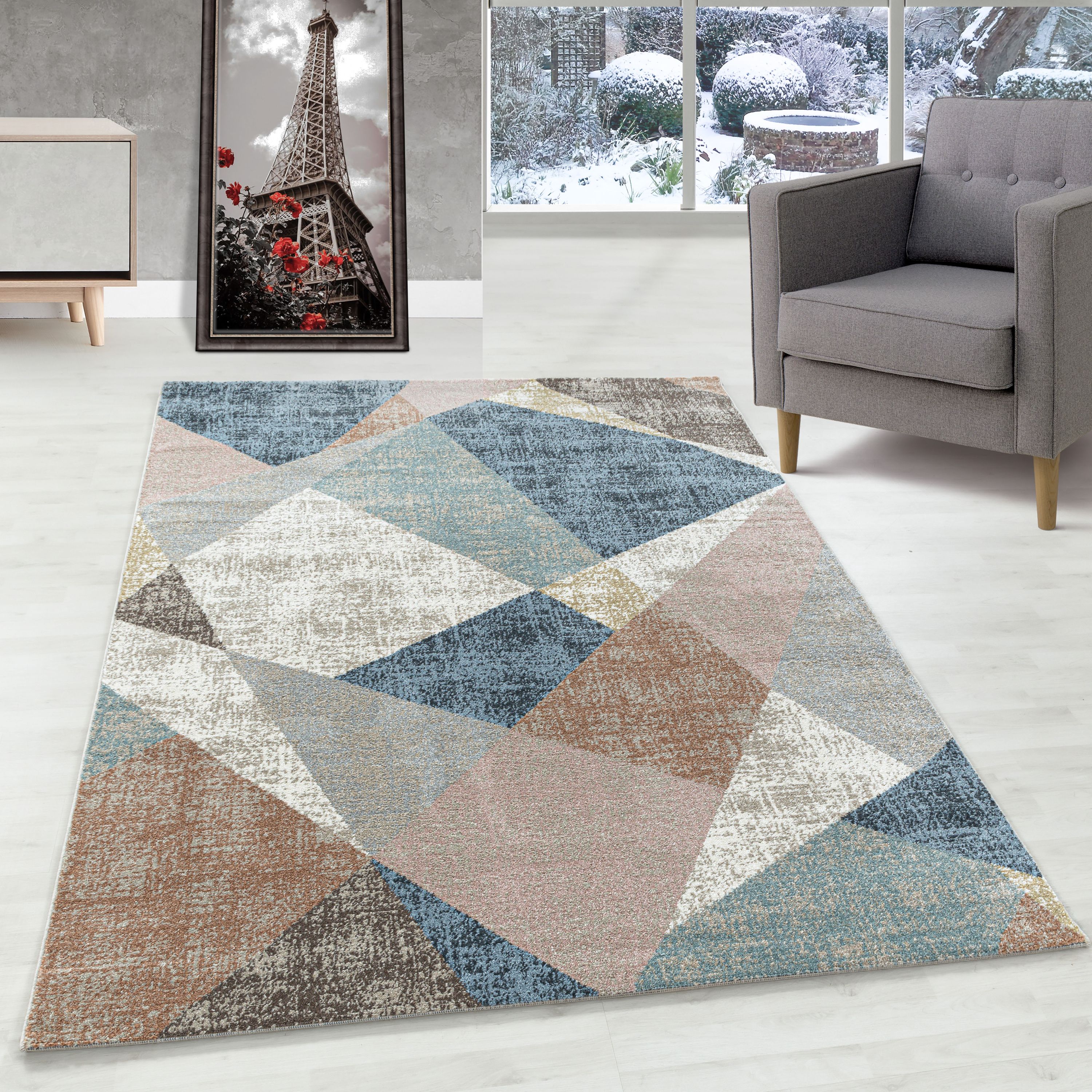 Kurzflor Teppich Wohnzimmer Modern Design Vintage-Stil Weich Pflegeleicht