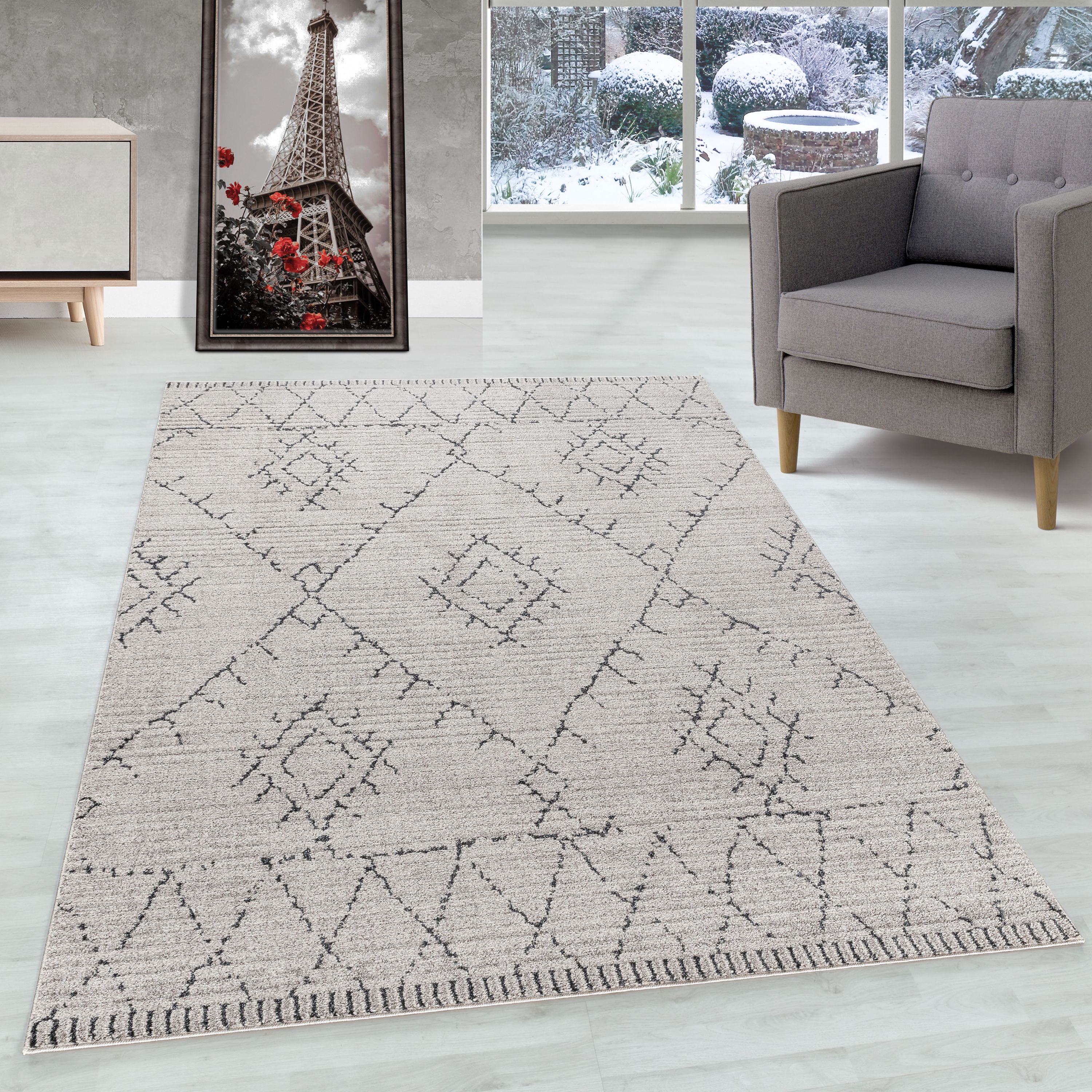 Kurzflor Teppich Wohnzimmer Berber Design Teppich Boho Stil Natur Optik