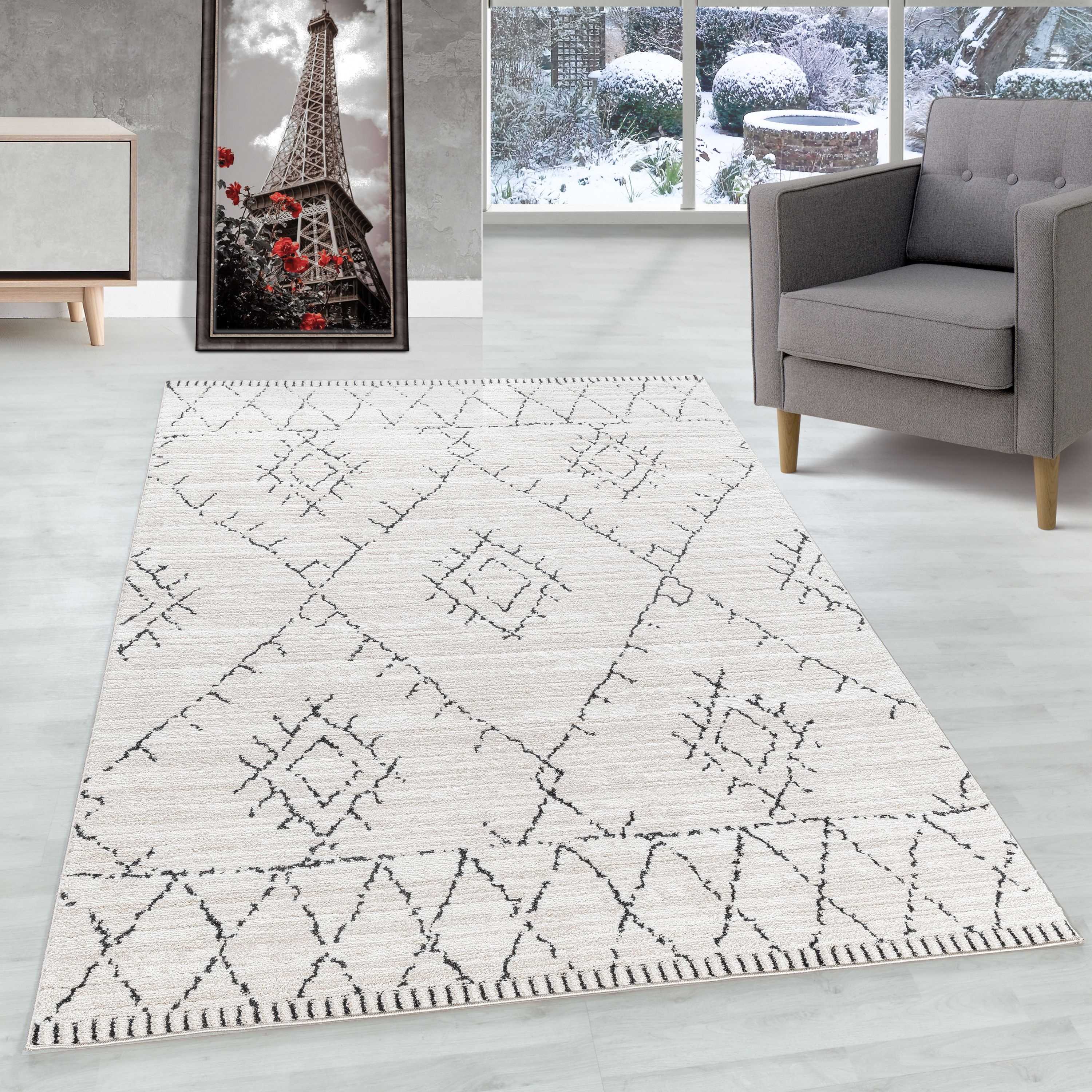 Kurzflor Teppich Wohnzimmer Berber Design Teppich Boho Stil Natur Optik