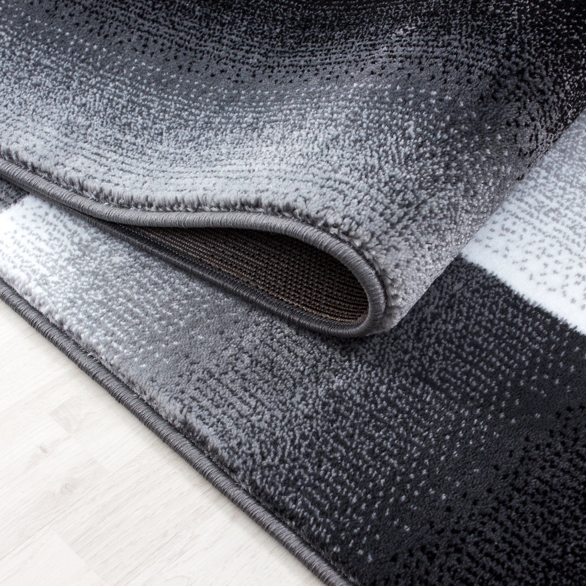 Bettumrandung Designer Velour Teppich Kariert 3 teilig Läuferset Schwarz Grau