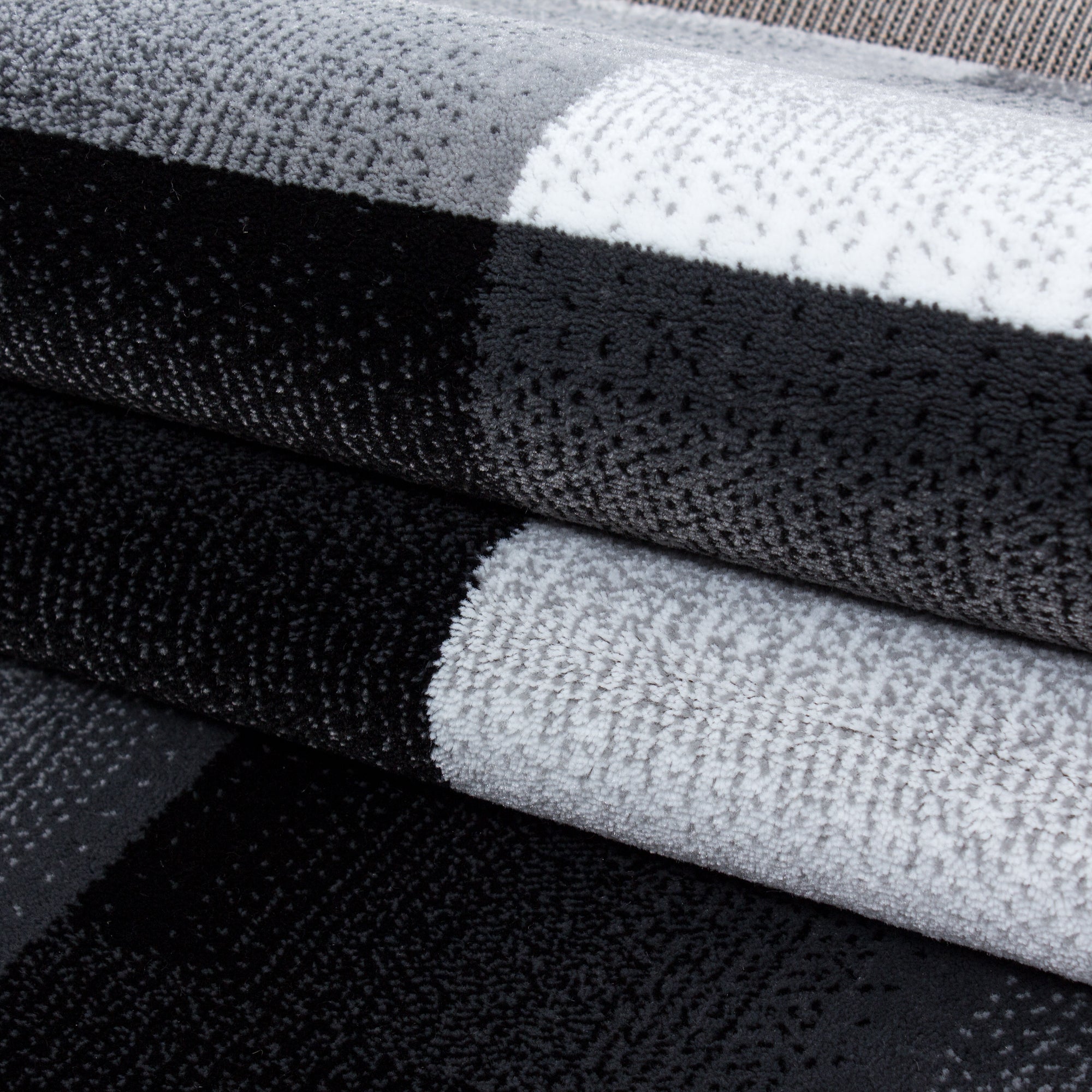 Bettumrandung Designer Velour Teppich Kariert 3 teilig Läuferset Schwarz Grau