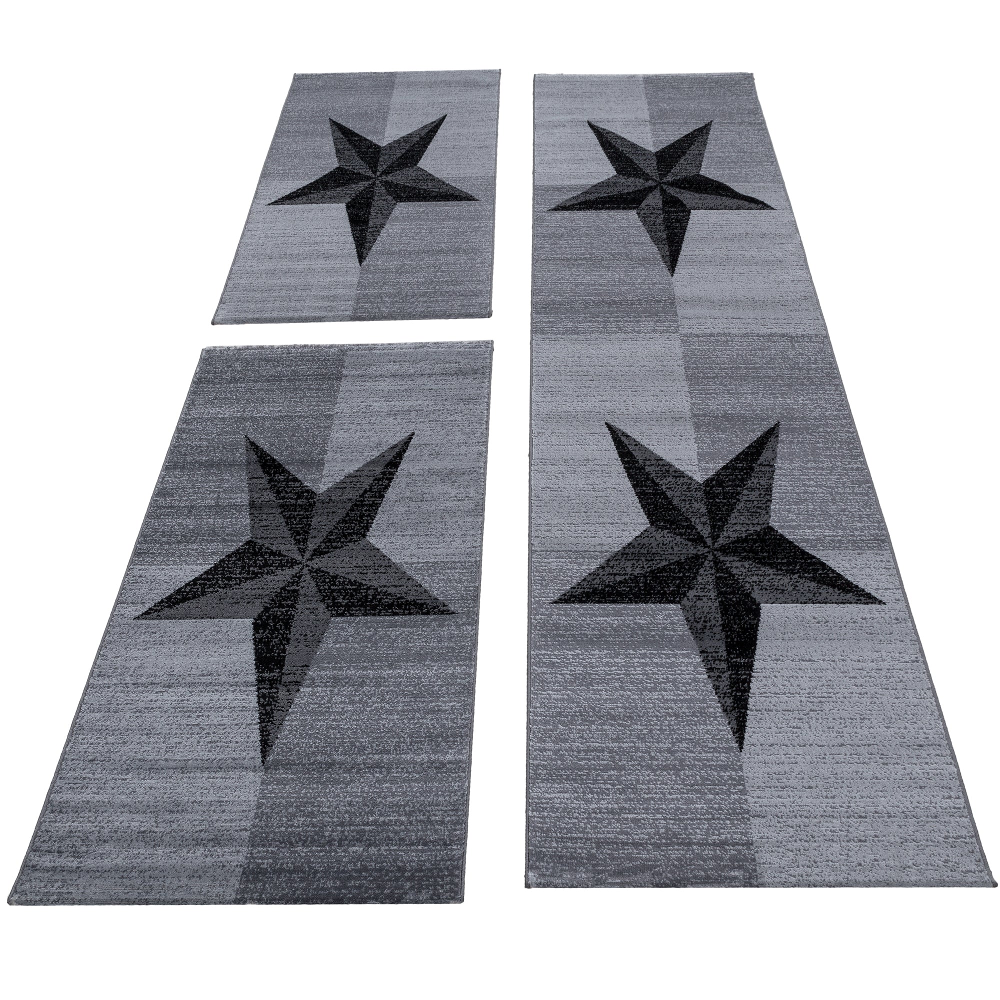 Bettumrandung Läuferset 3 teilig Teppich kurzflor Stern muster Schwarz Grau