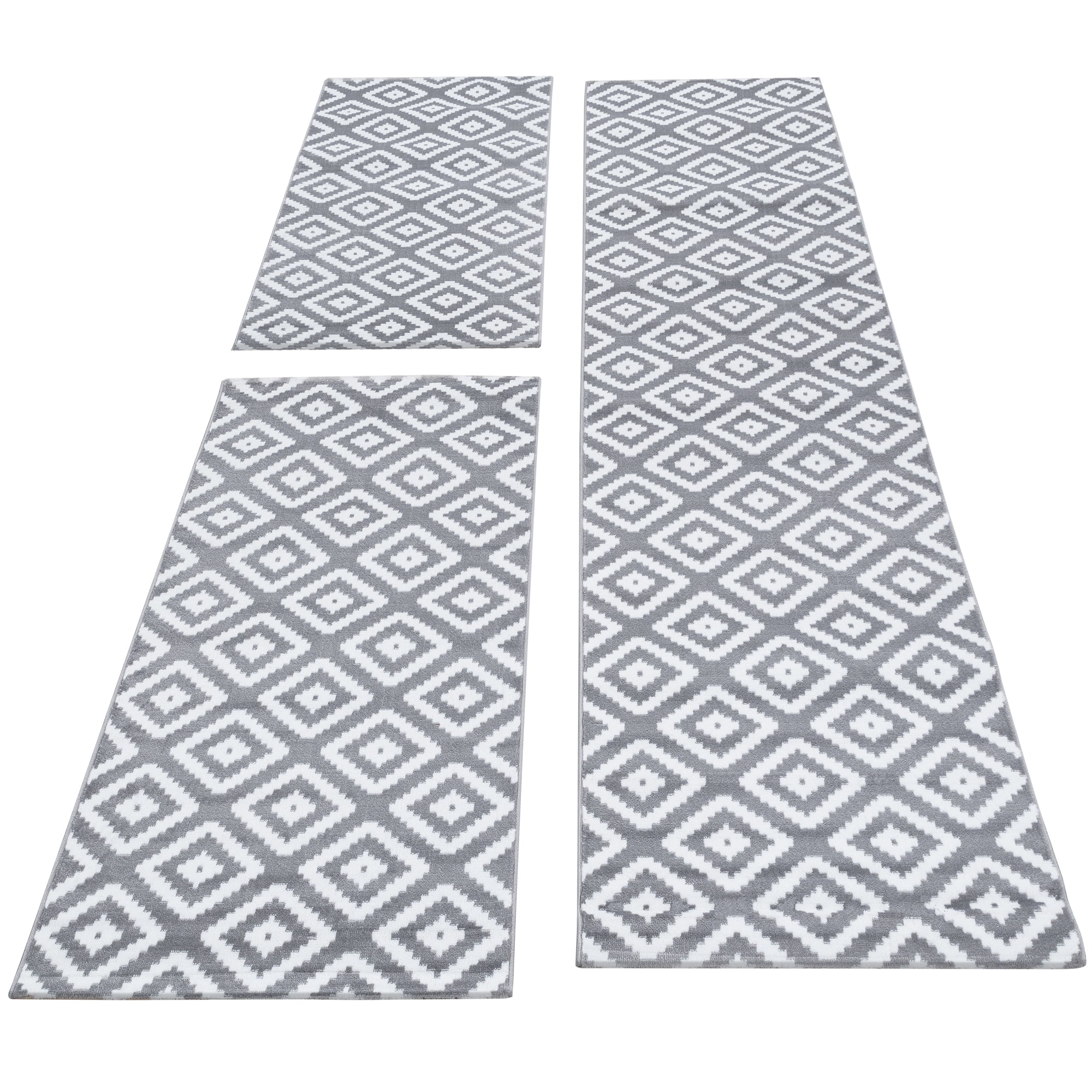 Bed border runner set 3-piece carpet short pile geometric checkered gray white