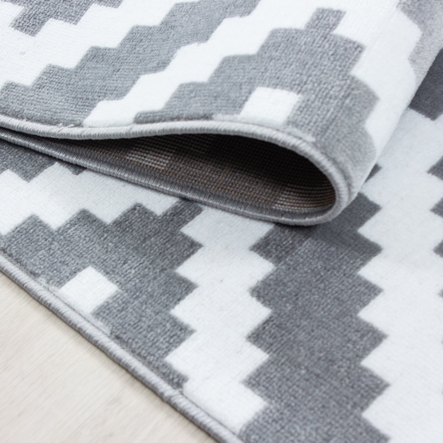 Bettumrandung Läuferset 3 teilig Teppich kurzflor geometrisch Karo Grau Weiß