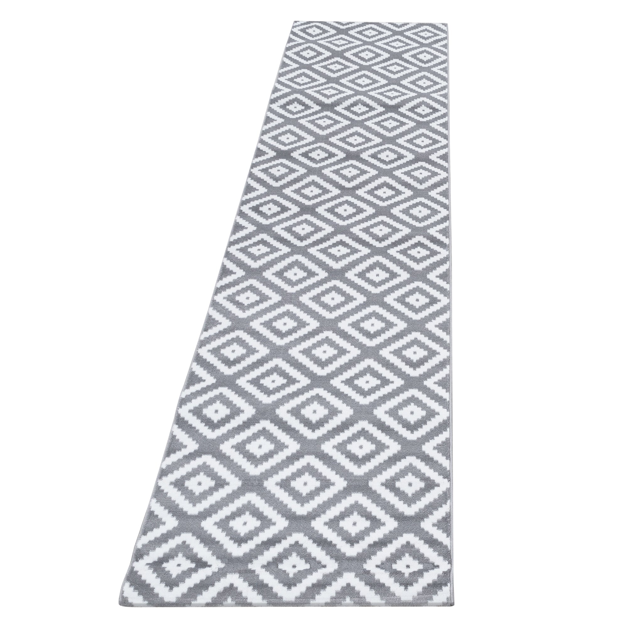 Bettumrandung Läuferset 3 teilig Teppich kurzflor geometrisch Karo Grau Weiß